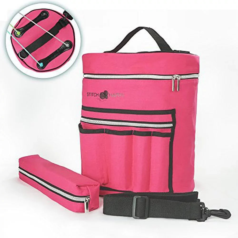 Happy Organizer for of Storage Supplies + Yarn Knitting Bag Tote Crochet by 7 Projects, Case, Pockets & Divider Stitch Extra (Fuchsia) w/Tool -