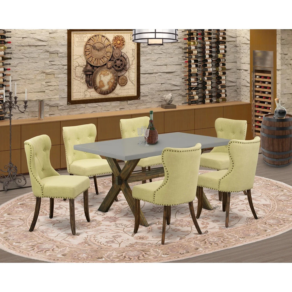 Kitchen Button With Parson Top Room Fabric Country - Chairs Hardwood Living & Back 7-Pc Seat Linen Table Tufted HomeStock Cement Set-Limelight Legs French &