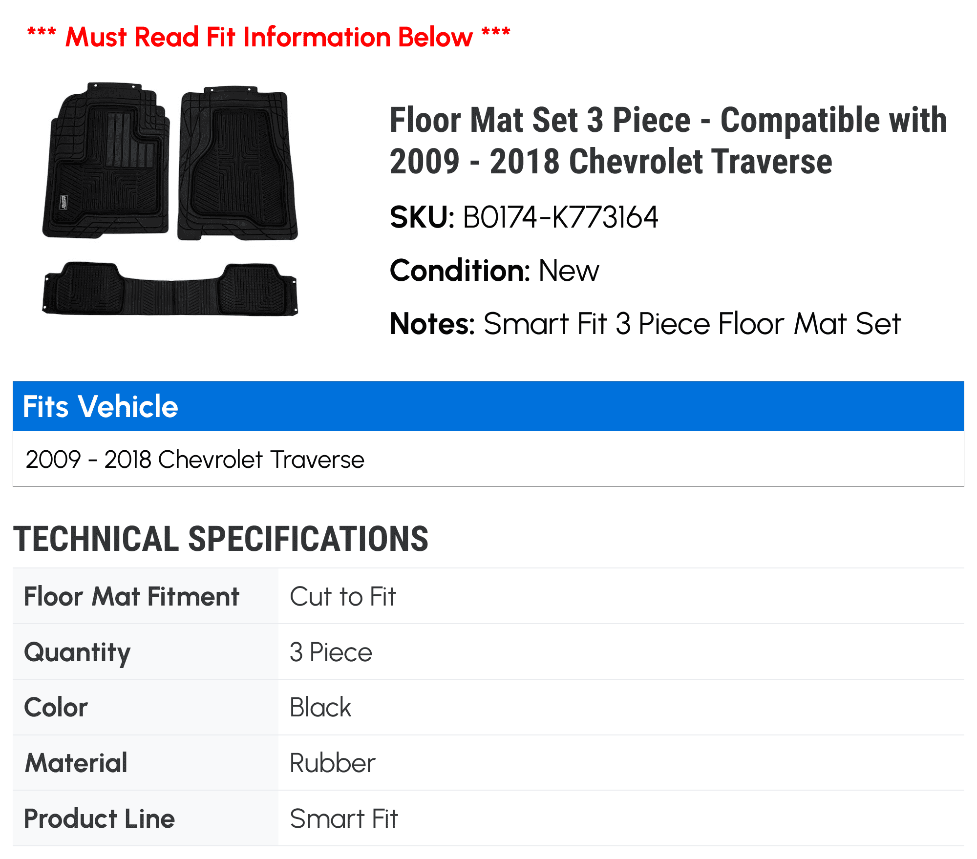 2009 Chevy 2015 Piece 3 2010 2012 2014 Set 2013 - Compatible 2016 Mat 2011 2017 with Floor - 2018 Traverse