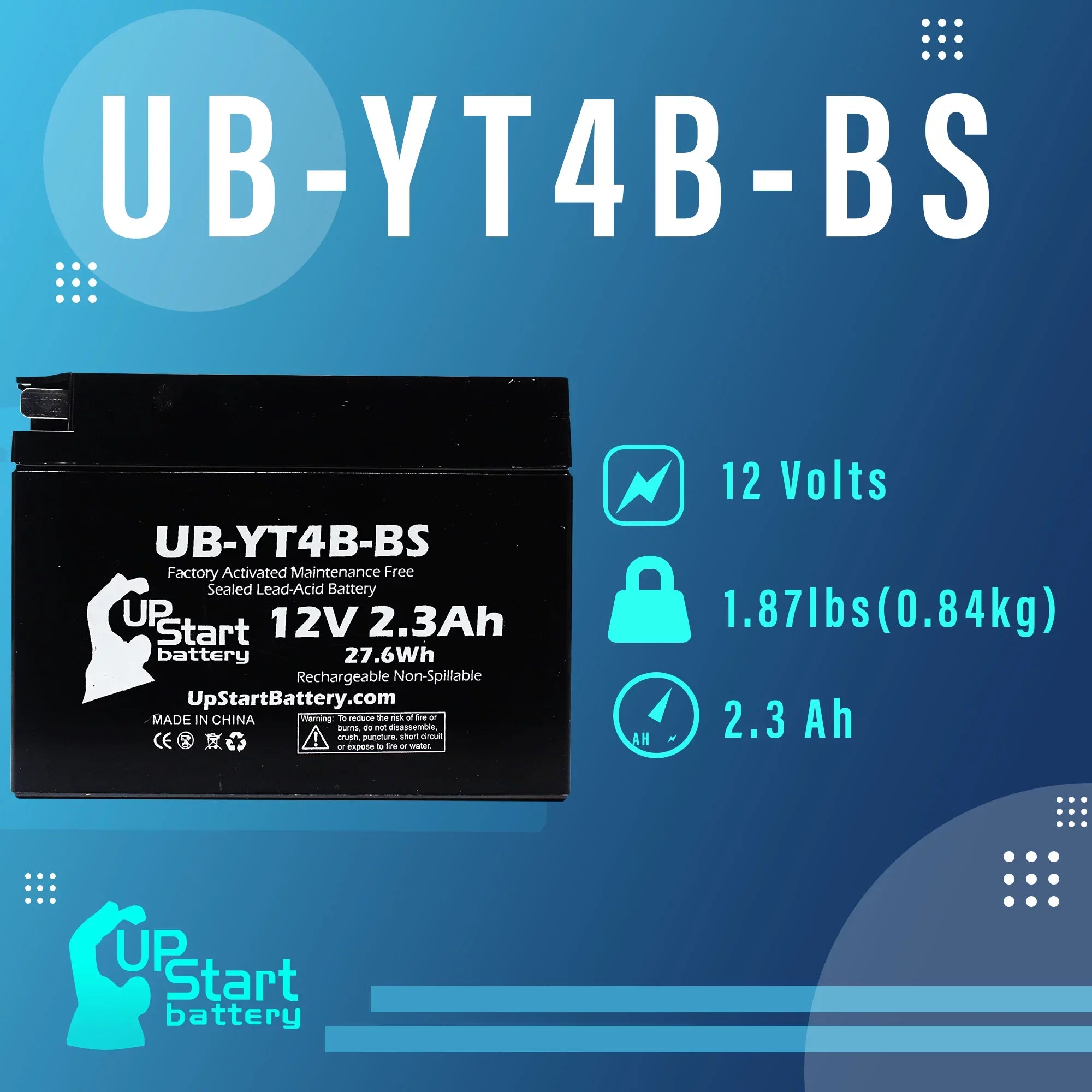 Maintenance Free, for 2.3Ah, 12V, - UpStart Activated, SR400 Factory Battery 2008 Yamaha 4-Pack Replacement Battery 400CC Motorcycle UB-YT4B-BS