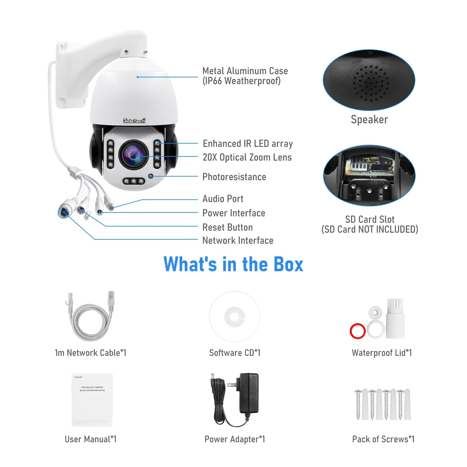 IR Night with and Optical Auto 20X Way Camera PoE JideTech Lights Camera PTZ Rotate Detection Tracking/11 360° Distance/Human Zoom View Waterproof Audio/IP66 Vision/Two exterior,5MP IP 1000ft &