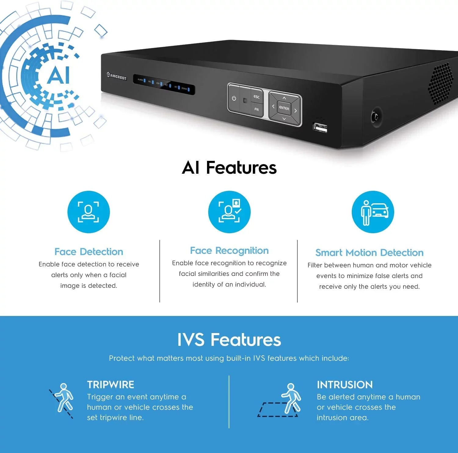 Analog 4K Recognition, IP Cameras, Smart Amcrest Camera DVR & DVR, AI Human Face System Channel Vehicle Security (AMDV5116-I3) for AI Recorder, DVR Detection 16 & AI Amcrest Cameras Security