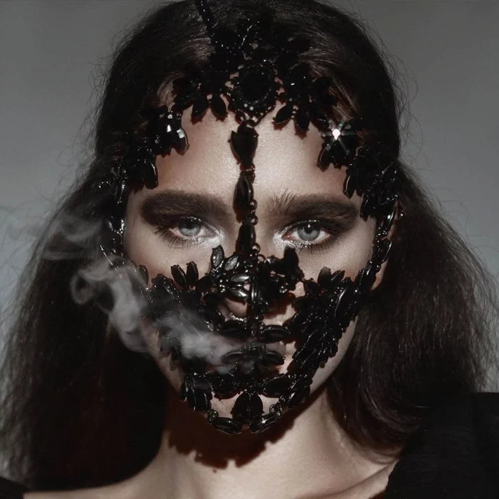Mask Rhinestone Face Halloween Mask Face Mask Chain Accessories Full Face Black Jewelry Face Masquerade Women Crystal