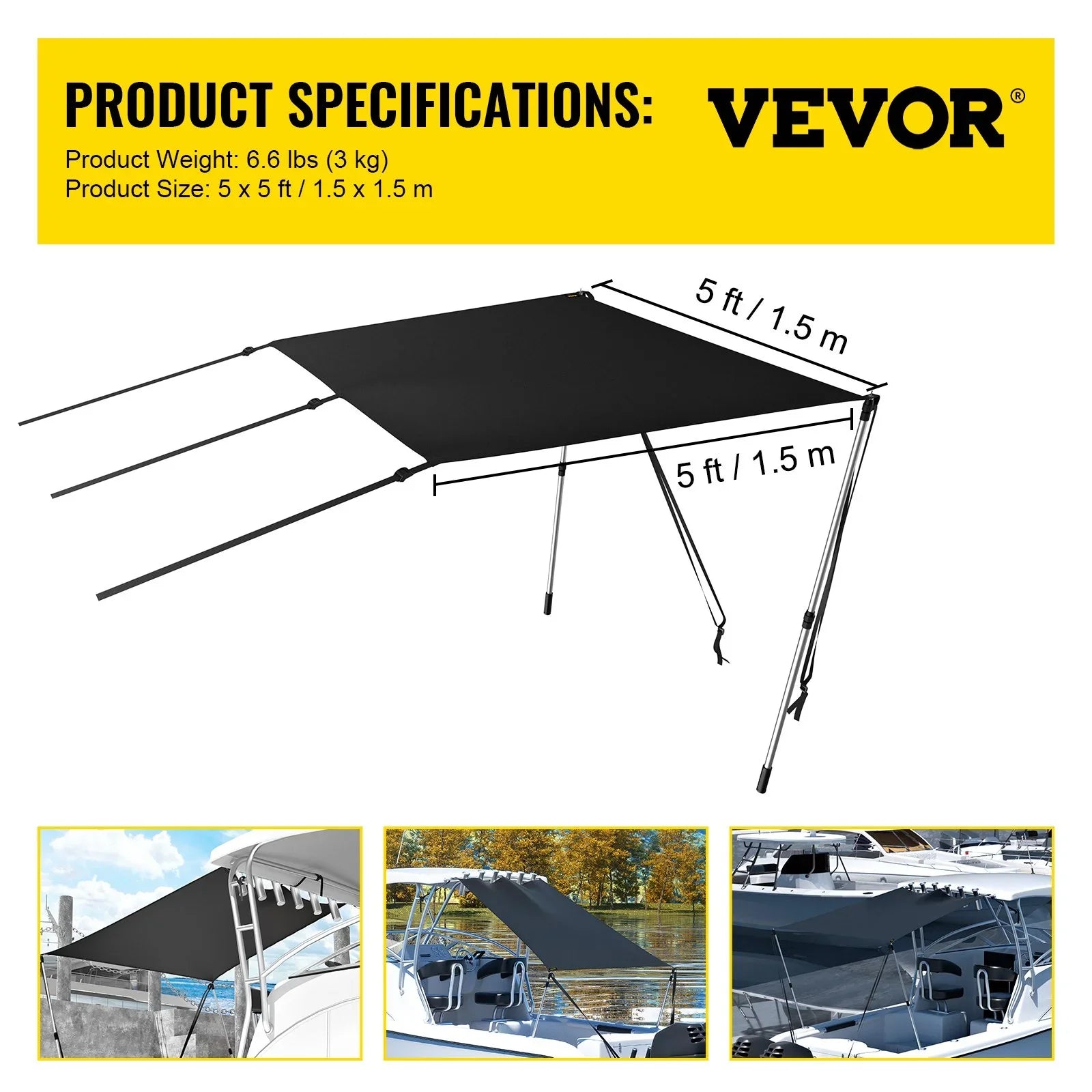 VEVOR - Steel Shade & Polyester Telescopic 600D Sun Poles, 5'x5' for Tops with T-Top Assembly Rustproof Bimini Kit UV-Proof Easy T-Tops Waterproof,