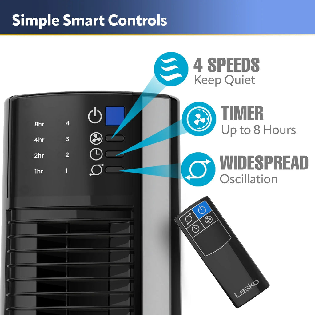 4-Speed with New Black/Silver, T38415, Hybrid Control, Remote 38" Timer, Fan Tower Lasko