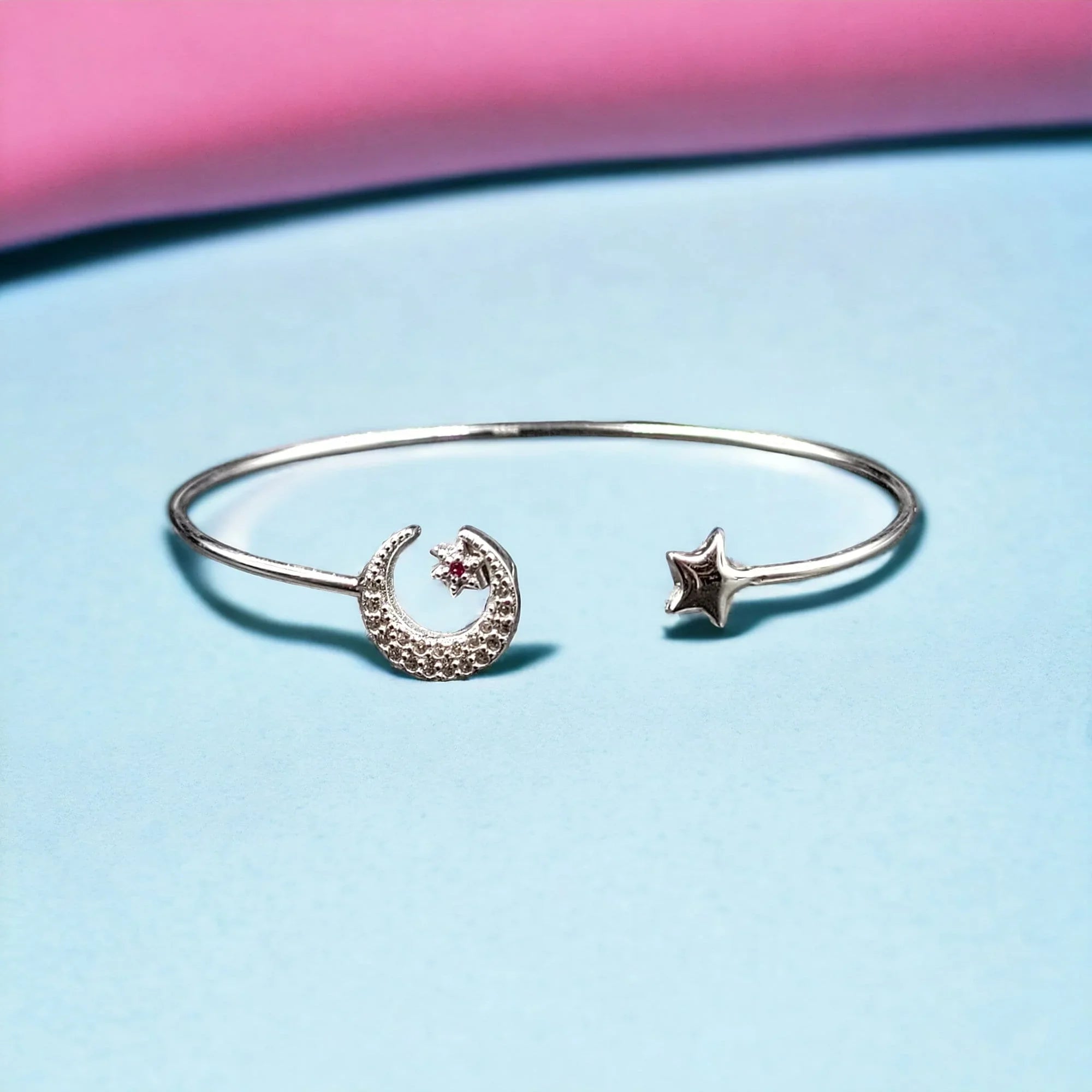 for Handmade CZ and Silver Girls Best Solid design idea Moon ended Kada Star cuff Gift jewelry Adjustable Bracelet Celesticle Open