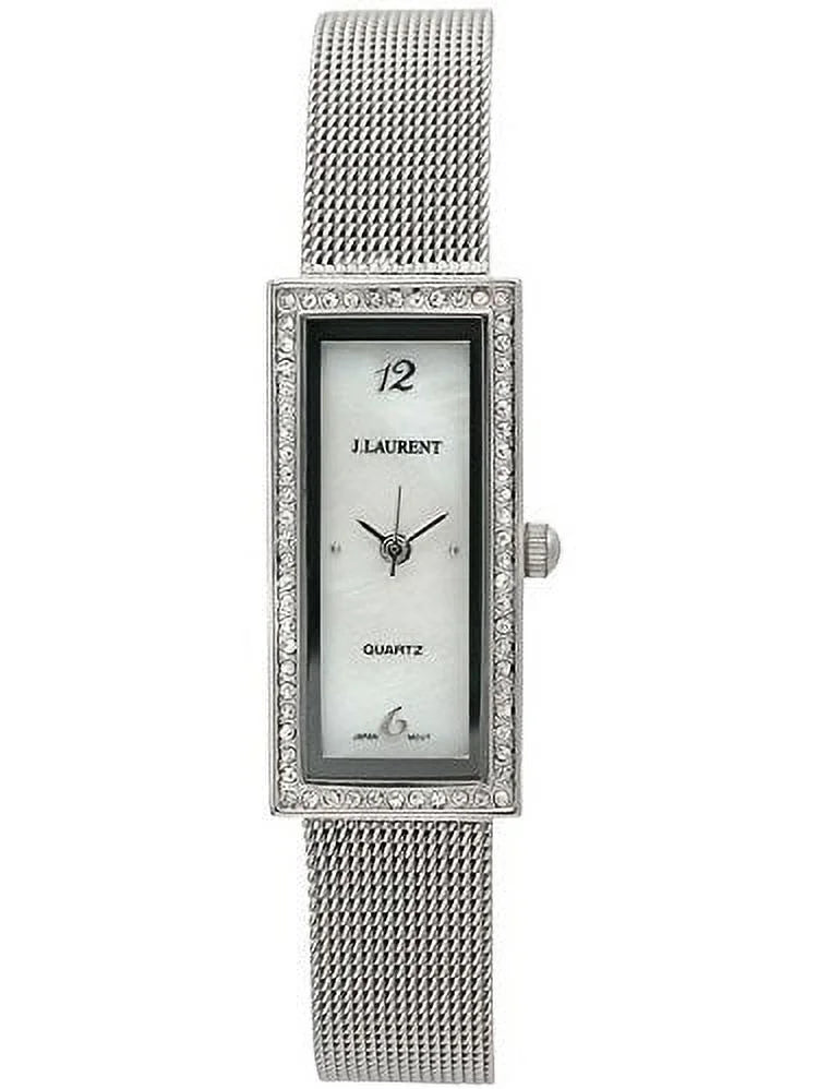 dial crystal with mother silvertone row of pearl surrounding watch a mesh a ladies