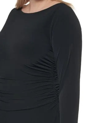 Sleeve 16W KLEIN Plus Long Zippered Womens Wear Sheath outfit Stretch Black Midi Ruched To CALVIN Neck Round Work