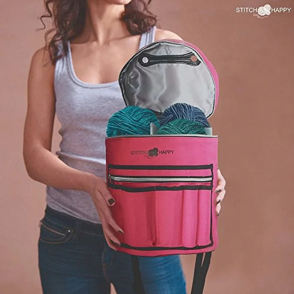 Happy Organizer for of Storage Supplies + Yarn Knitting Bag Tote Crochet by 7 Projects, Case, Pockets & Divider Stitch Extra (Fuchsia) w/Tool -