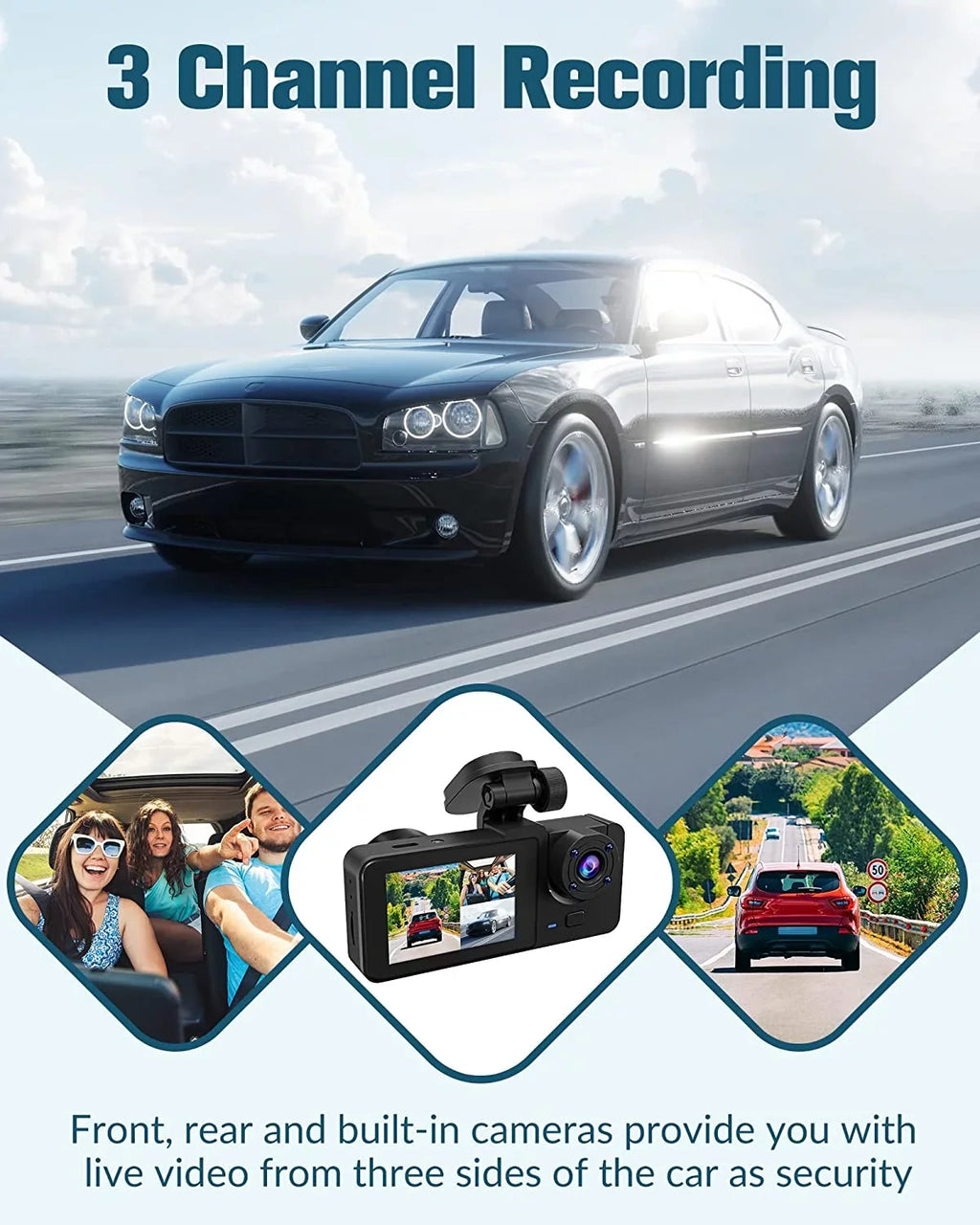 Dash Night with Vision,170°Wide Screen,WDR,Loop 32GB Angle,2.0'' Card,Built-in and Channel 3 Camera Super Full SD Rear Cam UHD Free IPS for Recording,24H Cars Front Dash Mode Parking Inside,4K