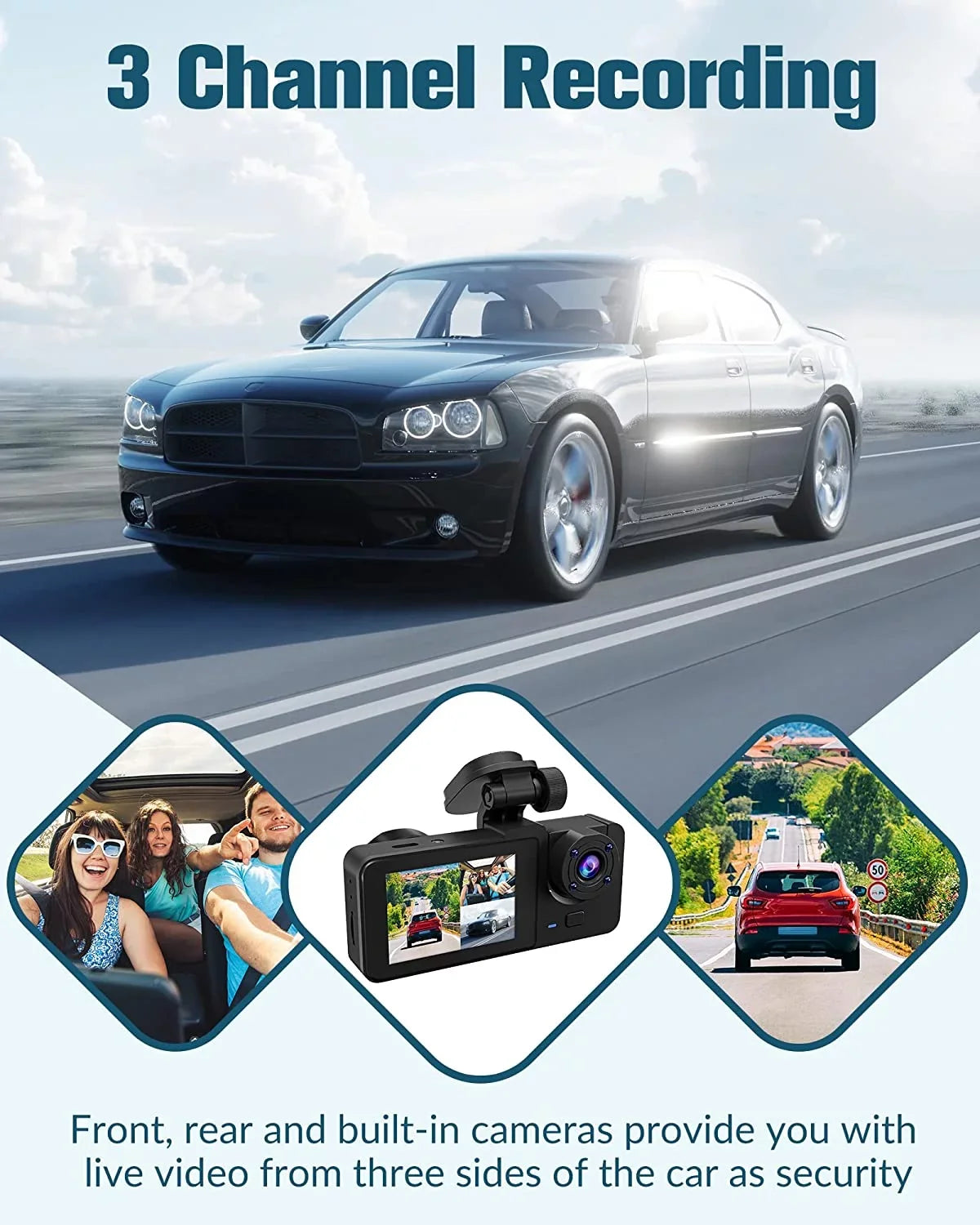 Dash Night with Vision,170°Wide Screen,WDR,Loop 32GB Angle,2.0'' Card,Built-in and Channel 3 Camera Super Full SD Rear Cam UHD Free IPS for Recording,24H Cars Front Dash Mode Parking Inside,4K