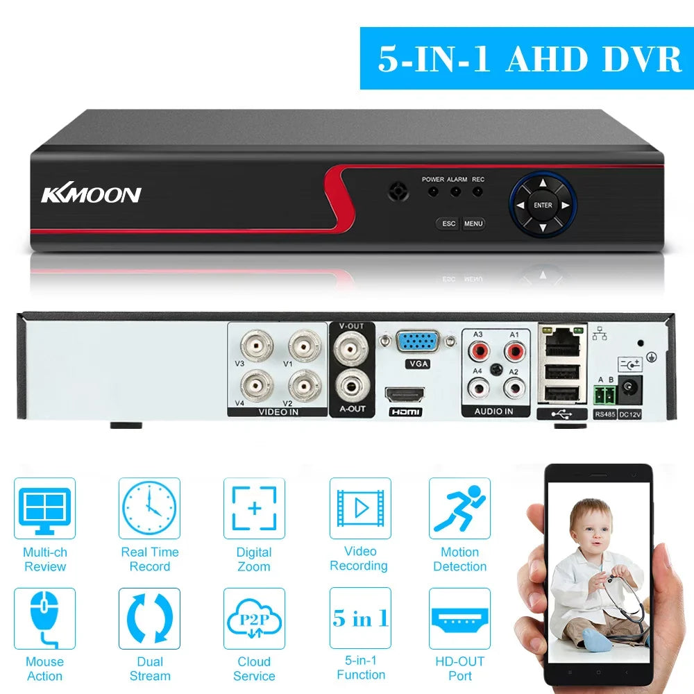 4CH Plug High Home 1080P Recorder kit Monitoring CCTV P2P System office Definition Video AHDAnalogTVICVI/ for Full (NO KKmoon Remote DVR Digital Phone DVR HDD)