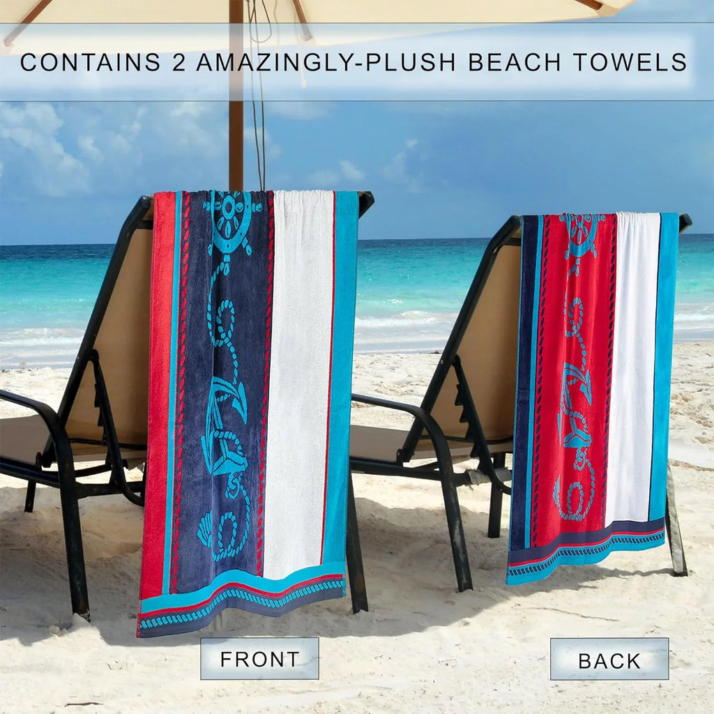 Towel Striped Absorbent, Beach X Sailing Pool, Travel, 34" Adults, Quick 2 Bathroom, Swimming, Kids, Camping, Dry, Shower, Blue/Red/White, Cotton Collection, Set Vacation, Piece For 64",