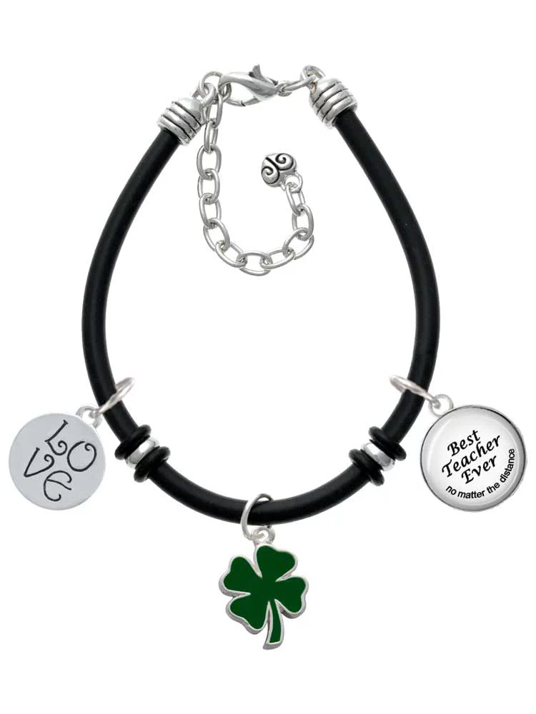 Leaf Lucky Best Bracelet Four Enamel Dome Rubber Charm Clover Black Teacher Two Delight Ever Silvertone Sided Green Jewelry