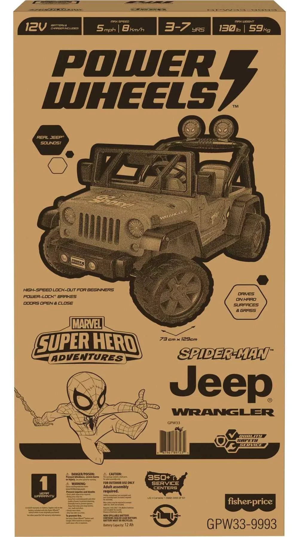 12V for Battery-Powered Wheels 3-7 Ride-On a Sounds, Jeep Spider-Man Ages Vehicle Power with Child Wrangler