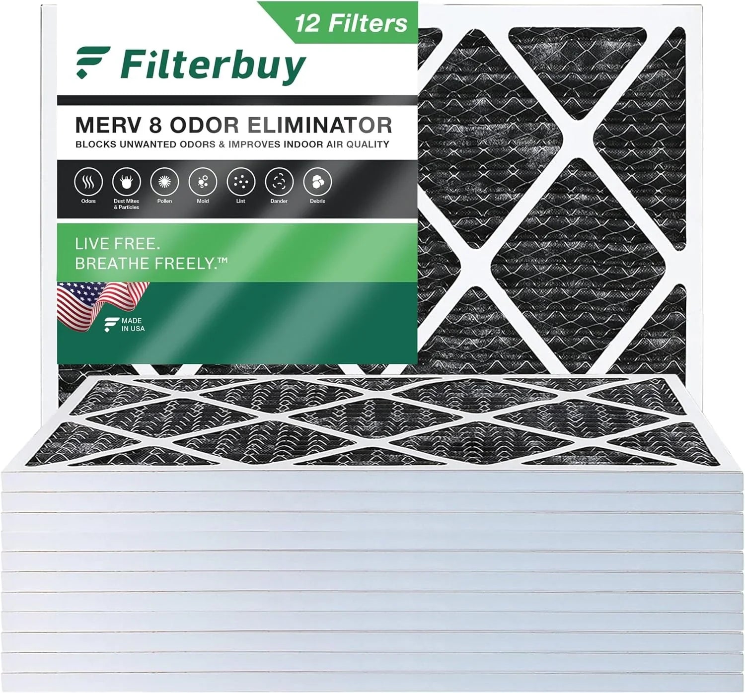 Pleated Activated HVAC AC 20x24x1 MERV Furnace Eliminator 8 with Filterbuy (12-Pack) Air Odor Carbon Filters