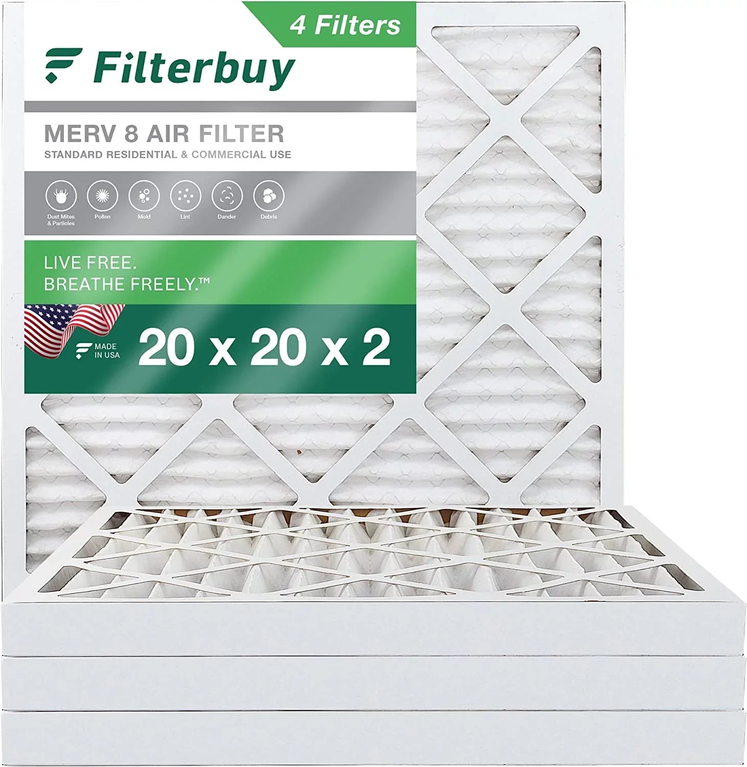 20x20x2 HVAC AC Furnace Pleated Air Filters Filterbuy 8 (4-Pack) MERV