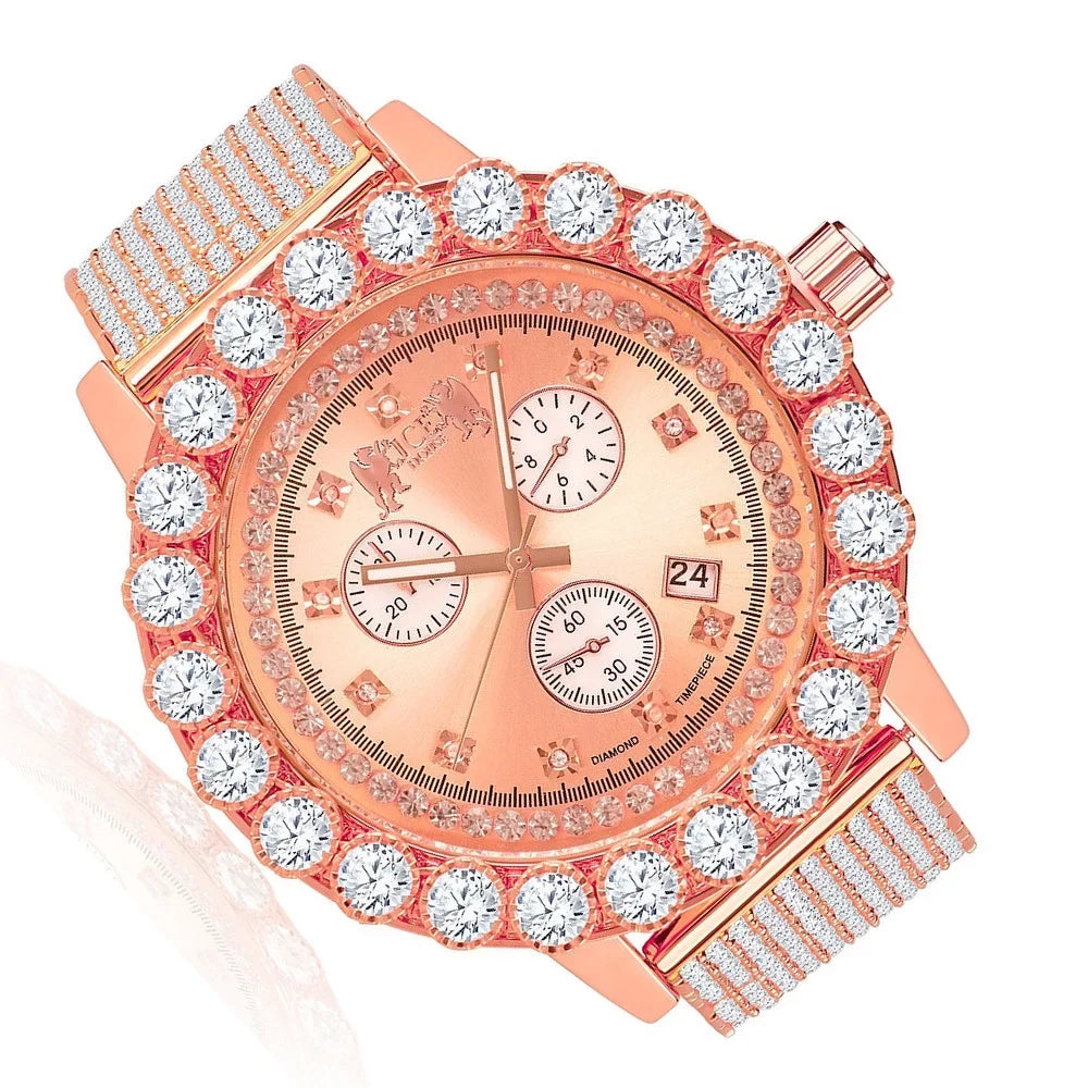 Piece Tone Time Iced Out Exclusive Jo Custom Function Watch Celebrity W/Date Khronos Rose Diamonds Inspired Lab Rodeo Gold