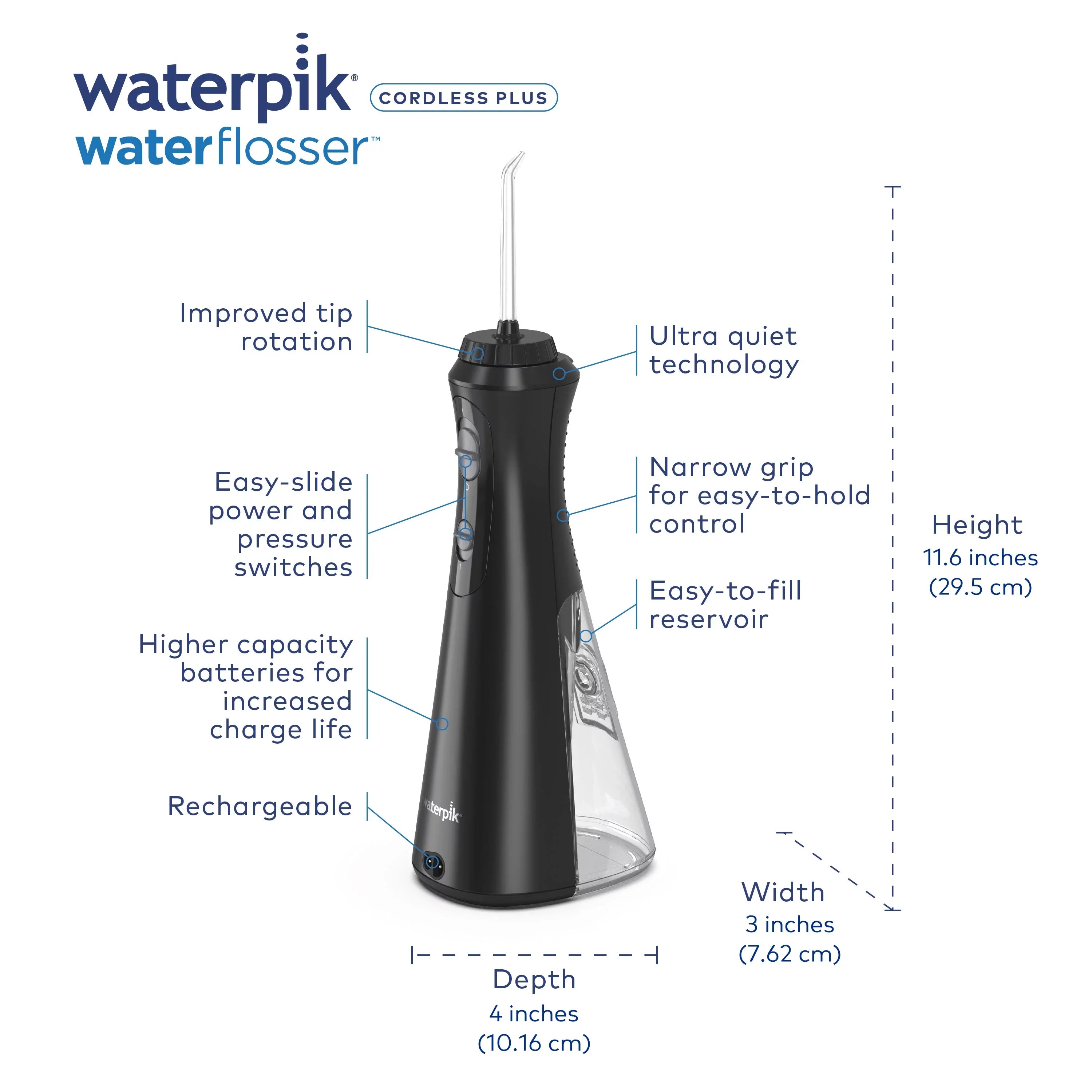 Black Waterpik Oral Portable liquid Cordless Plus Flosser Irrigator,