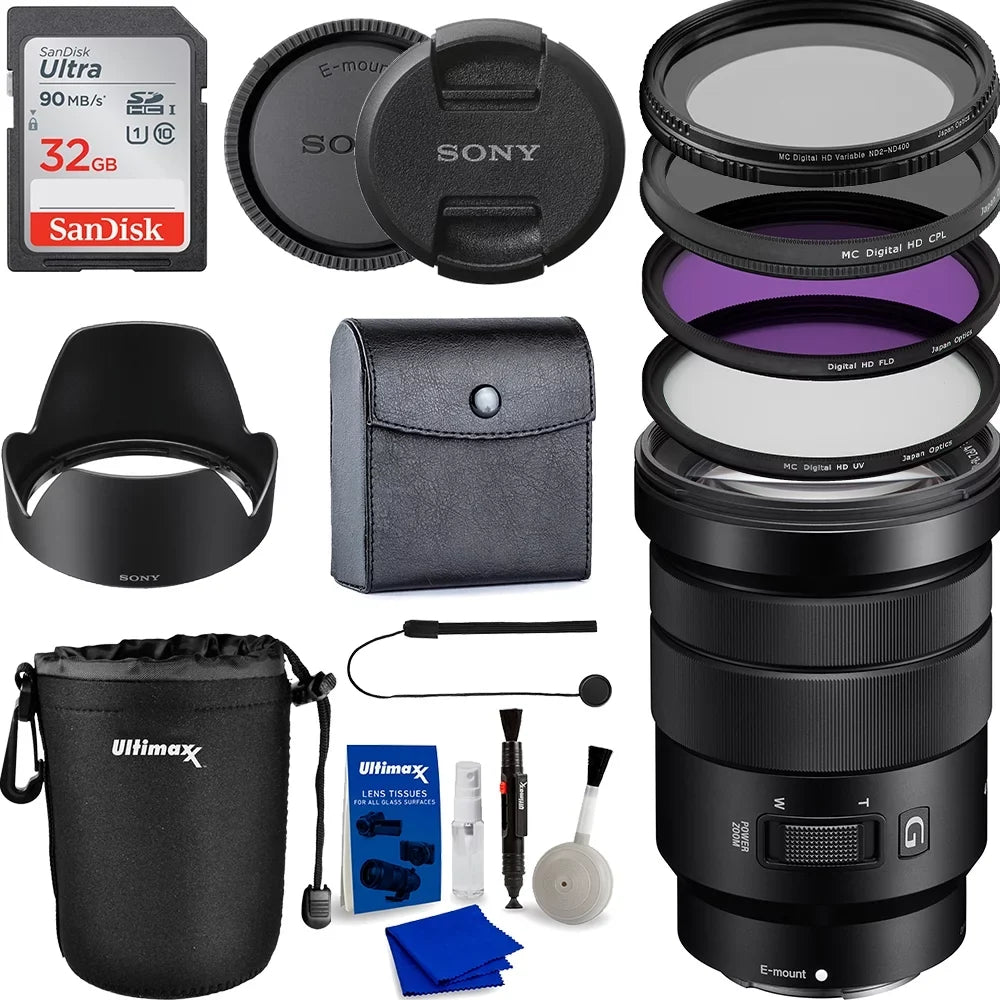 liquid E Lens Resistant Variable - Pouch, Filters OSS G (UV,CPL, PZ f/4 Essential with with Piece Multicoated Includes: 18-105mm Memory FLD), 3 Neu Card, 32GB Bundle SanDisk Lens Accessory HD Case