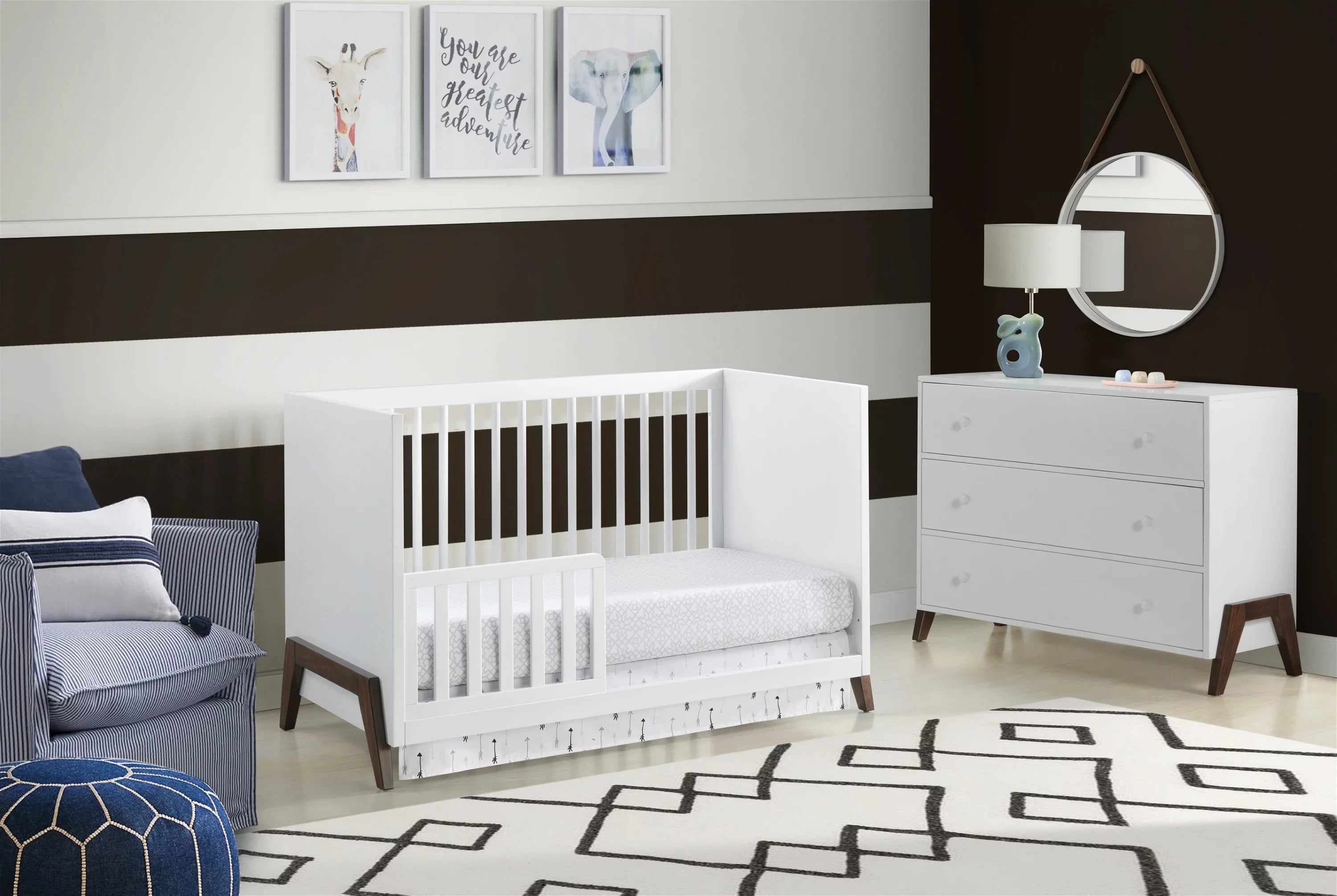Modern & Island Walnut, Crib White 3-in-1 Wooden Oxford Mari Baby Crib, Convertible