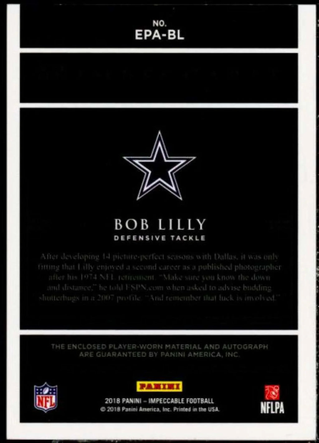 2018 Impeccable Card Extravagance Panini Bob Lilly Autographs Patch #12