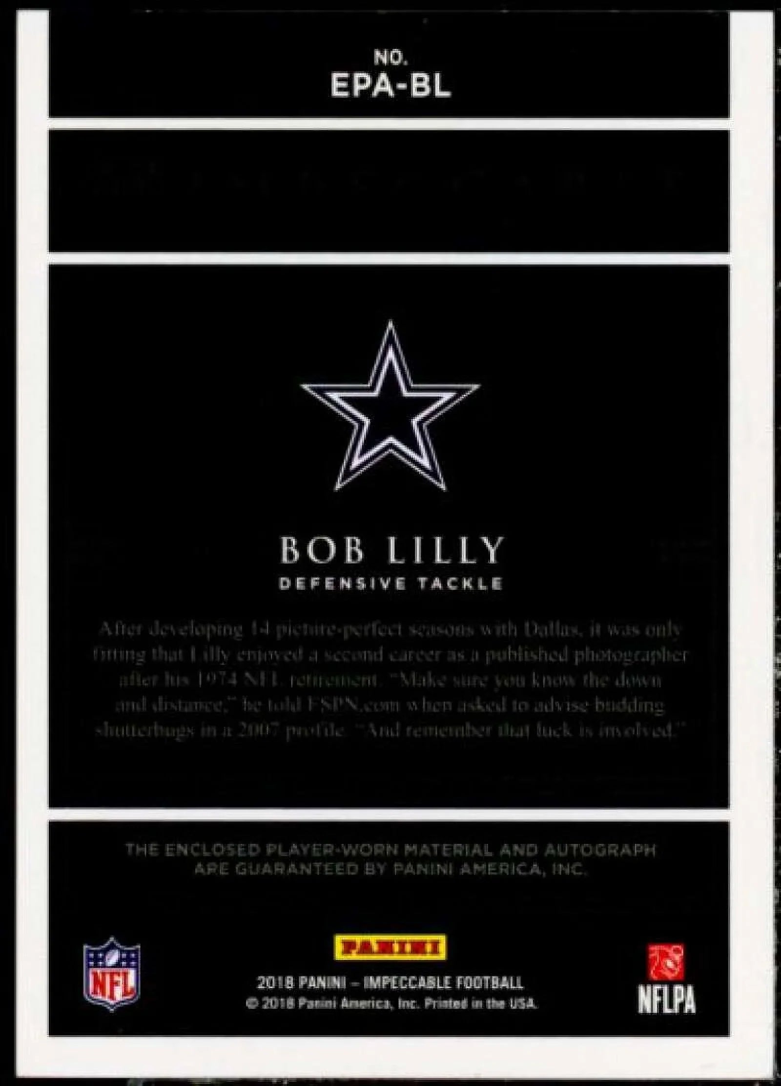 2018 Impeccable Card Extravagance Panini Bob Lilly Autographs Patch #12