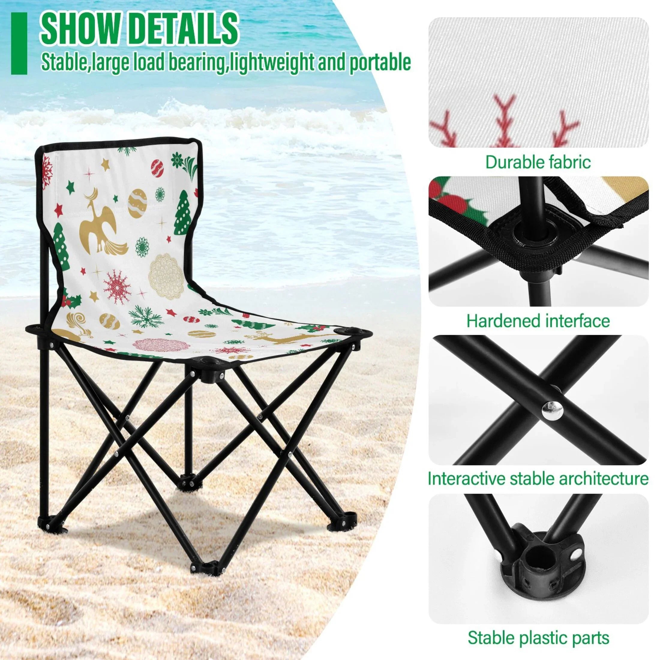 Carry Folding Stars Camping Christmas Chair Deer Support Chair Chair Bag Portable exterior Snowflakes 220LBS to Beach Chair Fishing with Lawn