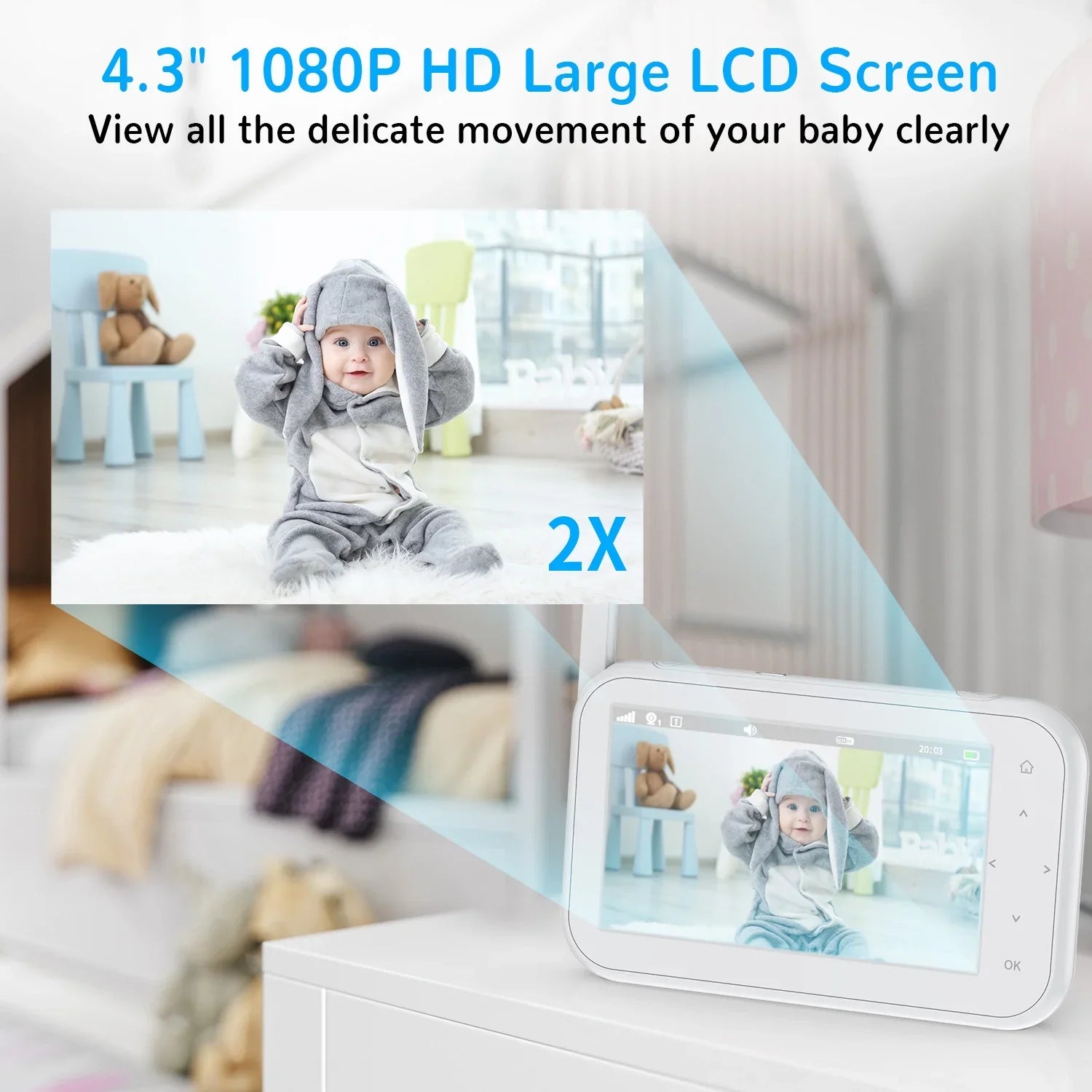 Camera LCD Audio, 4.3" 1080P Screen Pan&Tilt&Zoom, Baby Wifi with Two-Way Monitor Night Auto Talk, & No Vision,Tem-Sensor, Febfoxs