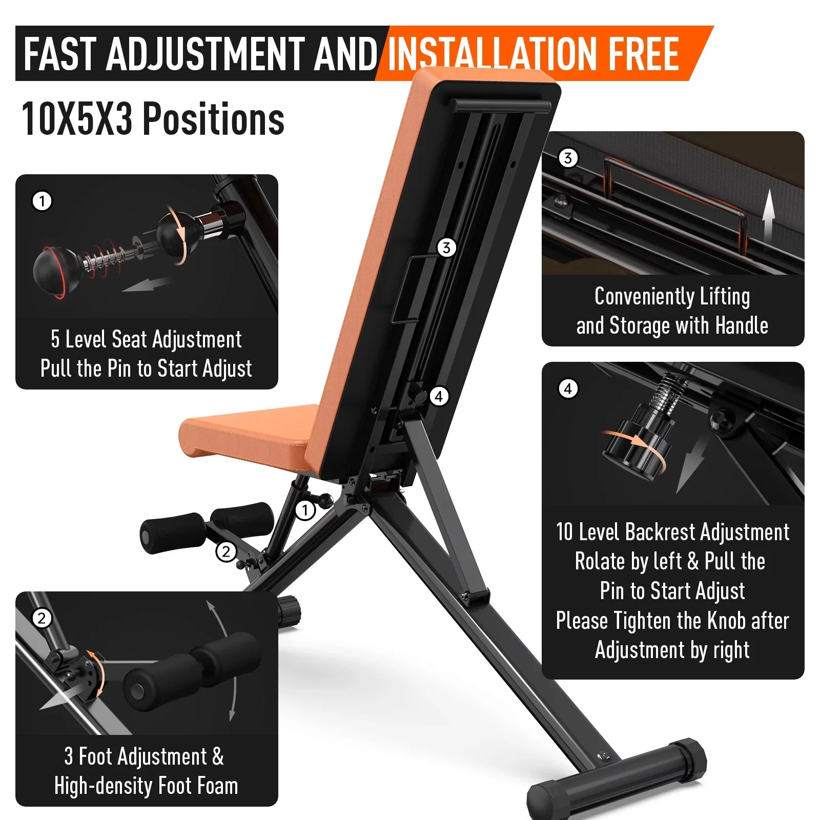 for Home and gym Incline Indoor POOBOO Structure Capacity Folding Workout Thickened incline Weight 800 Training Bench Adjustable Layer bench lbs 5 bench