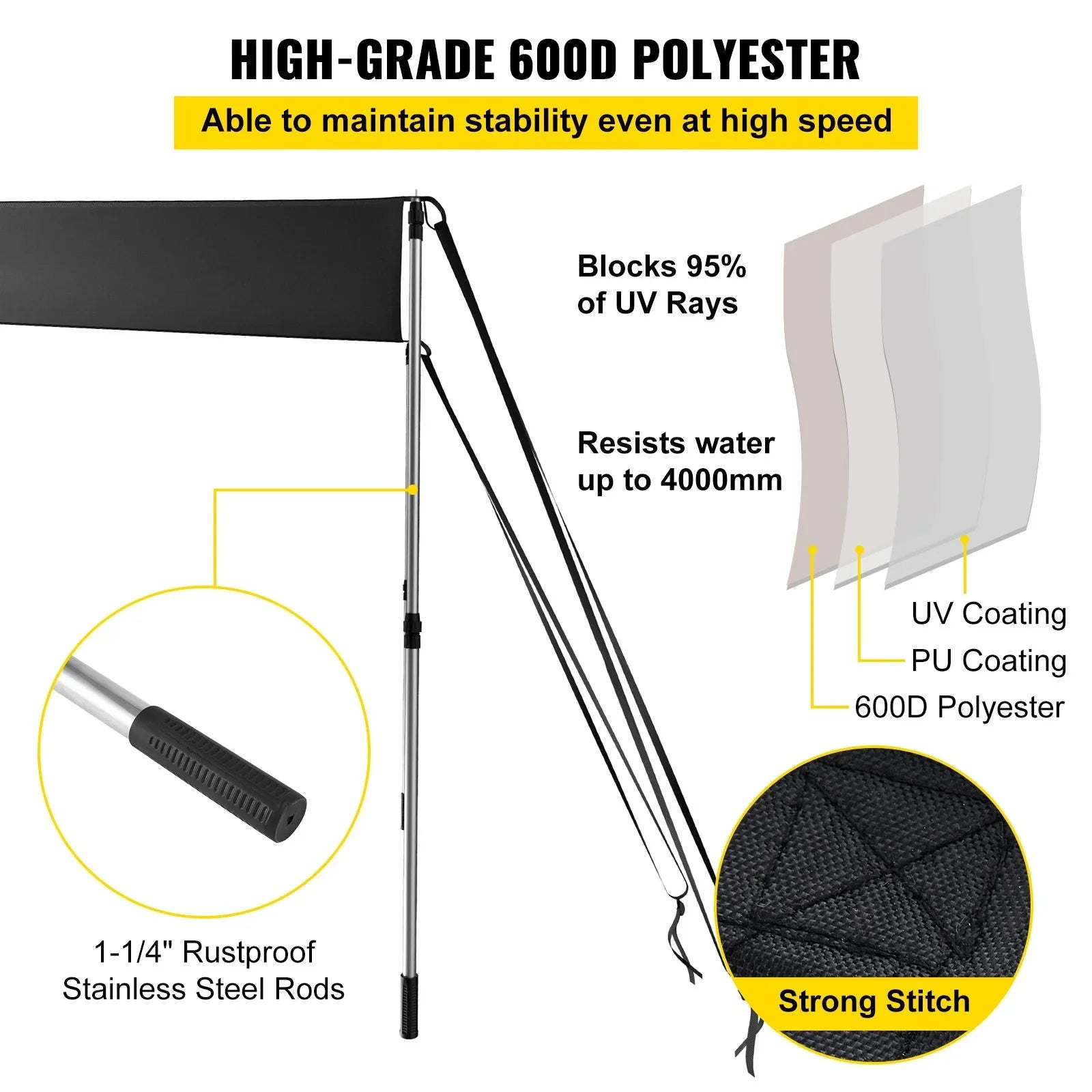 VEVOR - Steel Shade & Polyester Telescopic 600D Sun Poles, 5'x5' for Tops with T-Top Assembly Rustproof Bimini Kit UV-Proof Easy T-Tops Waterproof,