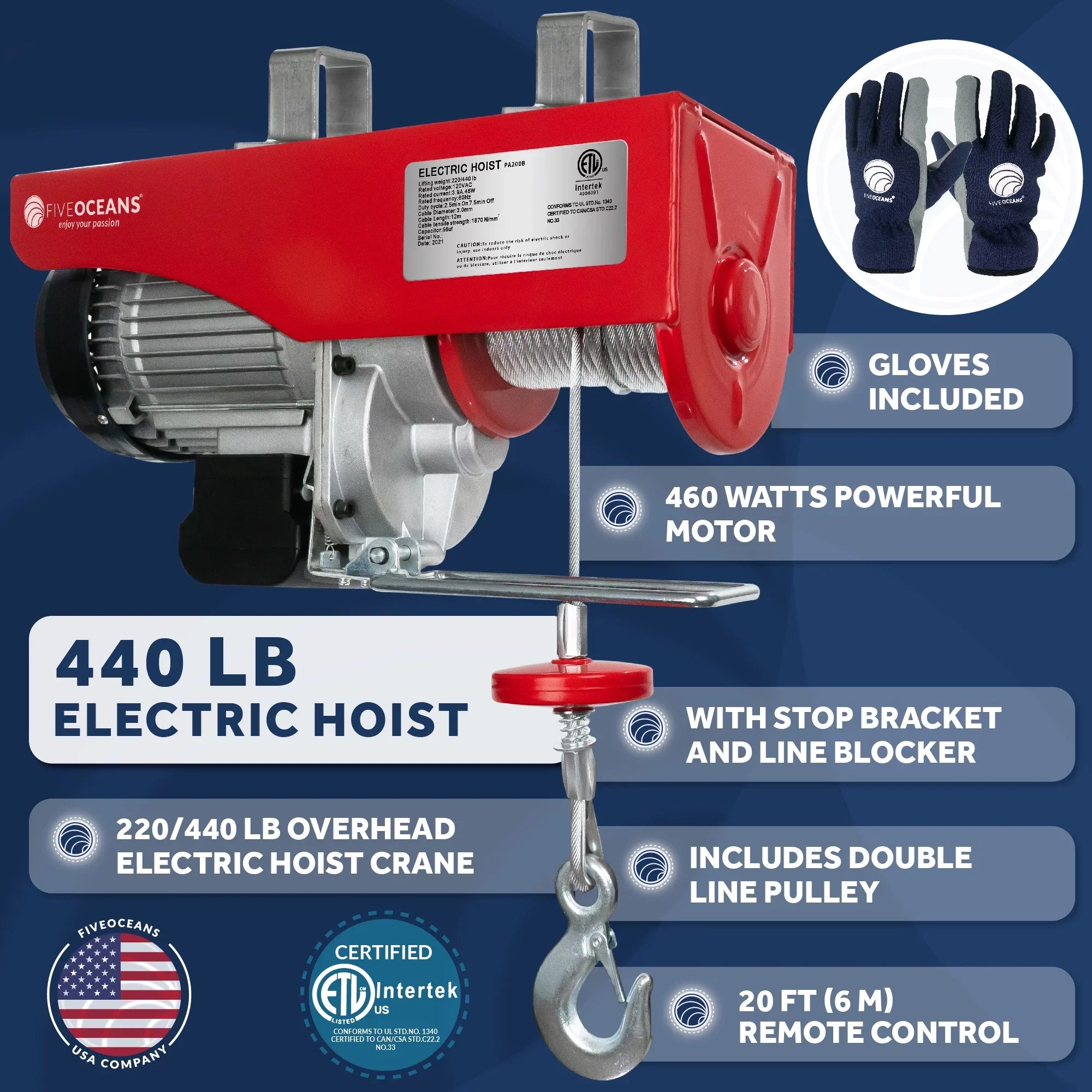 Hoist Hoist, 440 Five Winch Remote 120 System, Emergency Stop Lb Includes Electric 20FT Working Control Pulley V, for Gloves Garage, Factory Oceans FO3780-C1 Hoist, Lifting Pulley - Button Electric