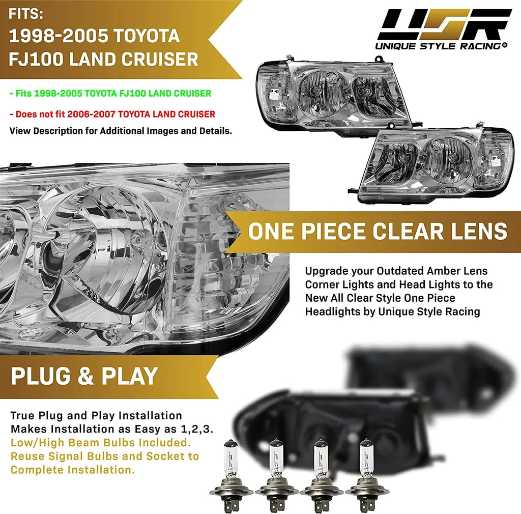 Headlights (Left Design) DEPO USR 100 Corner Headlamps - Right) Piece Clear Cruiser Land ONE 1998-2005 Set + FJ FJ100 design with with (Euro Compatible