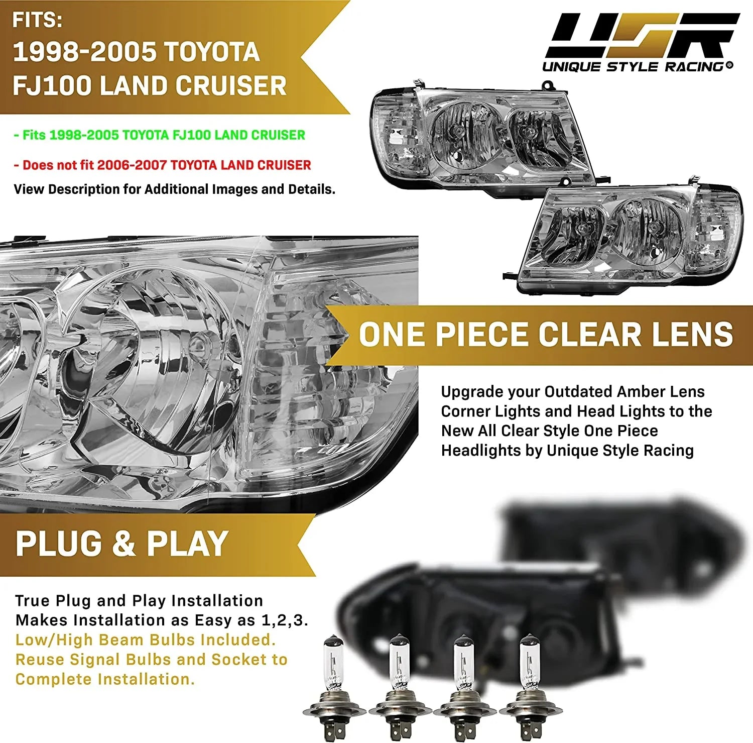 Headlights (Left Design) DEPO USR 100 Corner Headlamps - Right) Piece Clear Cruiser Land ONE 1998-2005 Set + FJ FJ100 design with with (Euro Compatible