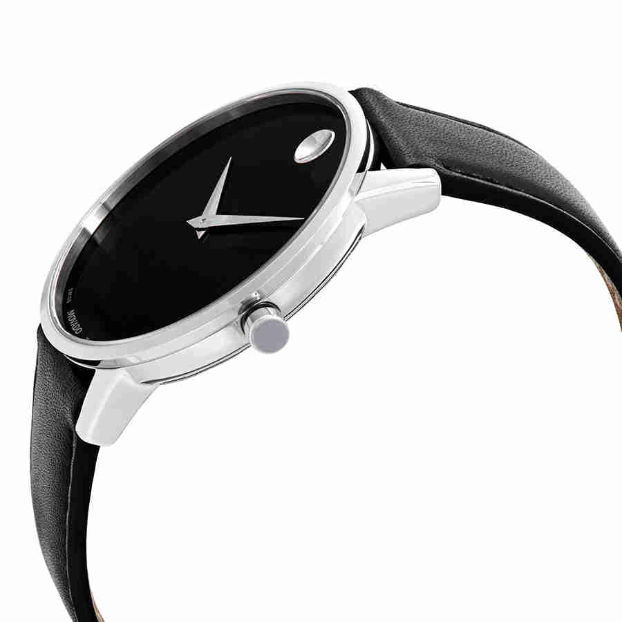 Men's Silver 40mm Leather Black Movado Classic Tone 0607269 Museum Watch Dial