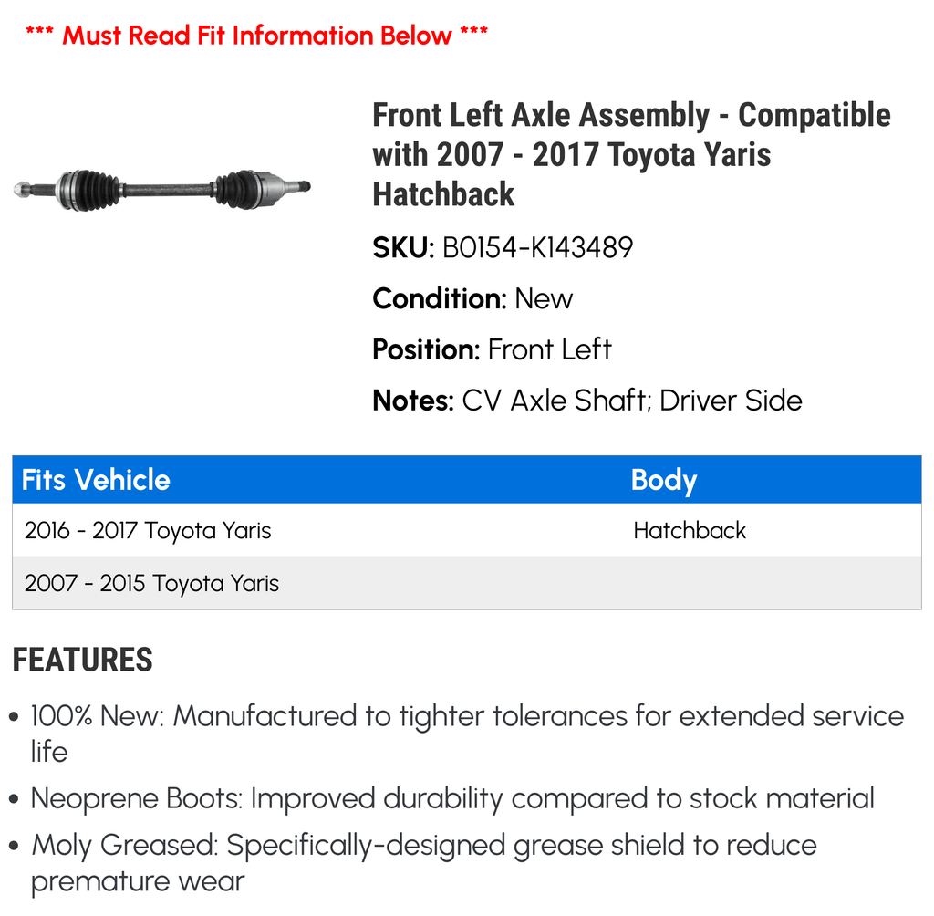 Left - CV Hatchback Yaris 2017 Front 2007 2008 with 2015 2014 2009 Compatible 2012 - Assembly 2010 2016 Axle 2011 2013