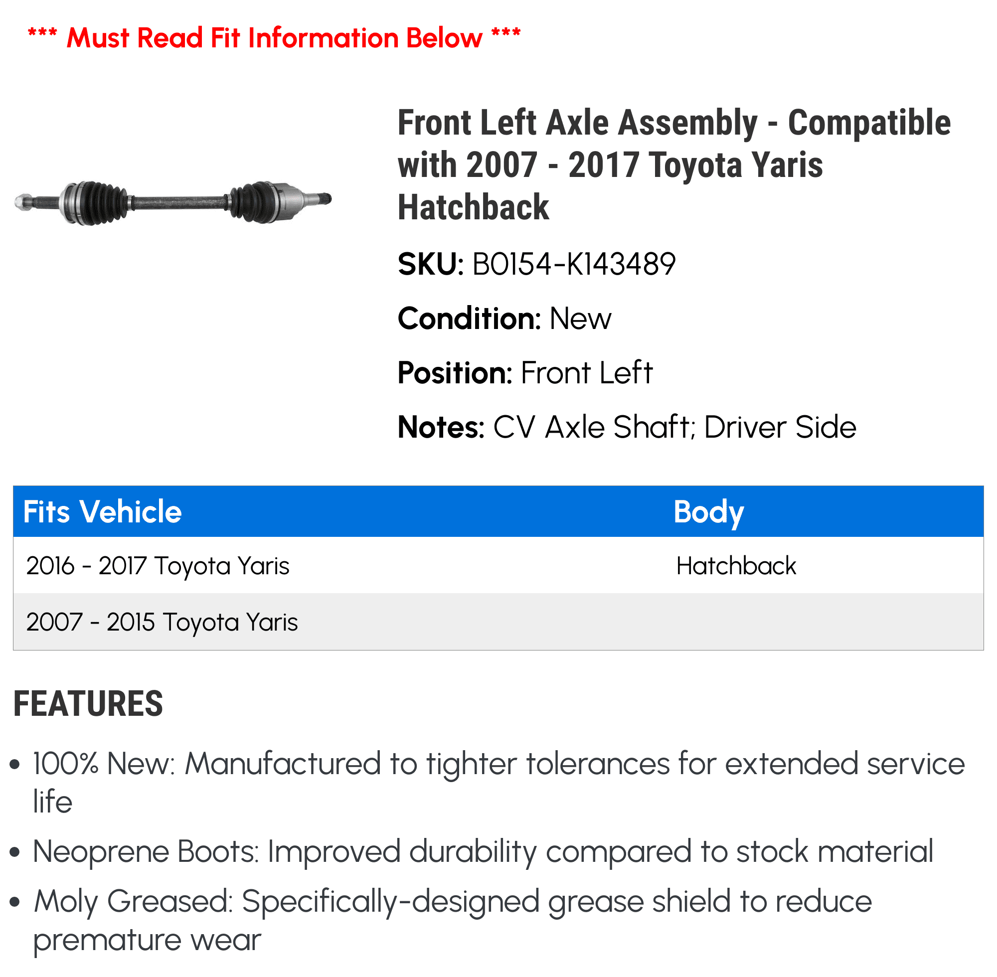 Left - CV Hatchback Yaris 2017 Front 2007 2008 with 2015 2014 2009 Compatible 2012 - Assembly 2010 2016 Axle 2011 2013