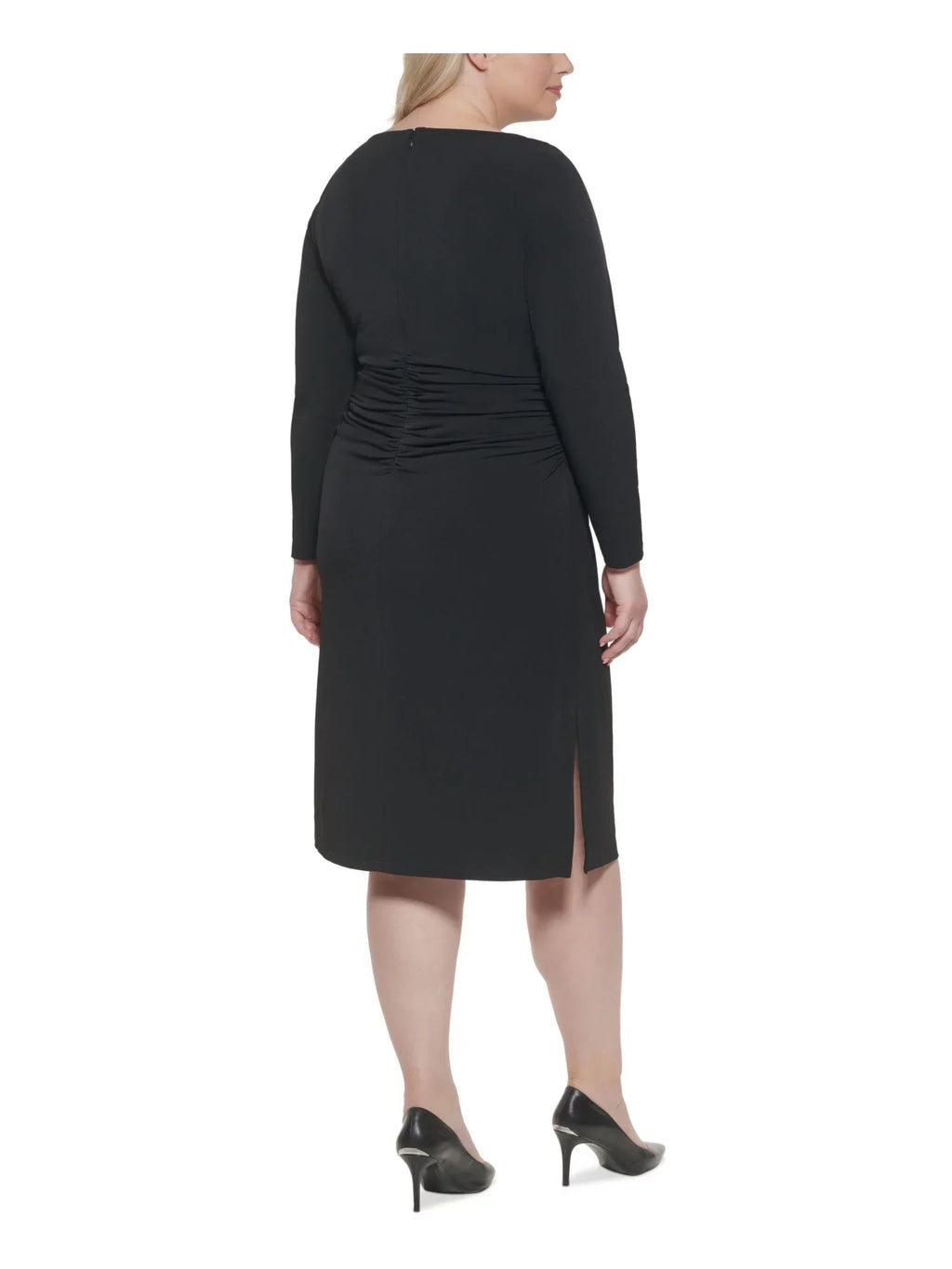 Sleeve 16W KLEIN Plus Long Zippered Womens Wear Sheath outfit Stretch Black Midi Ruched To CALVIN Neck Round Work