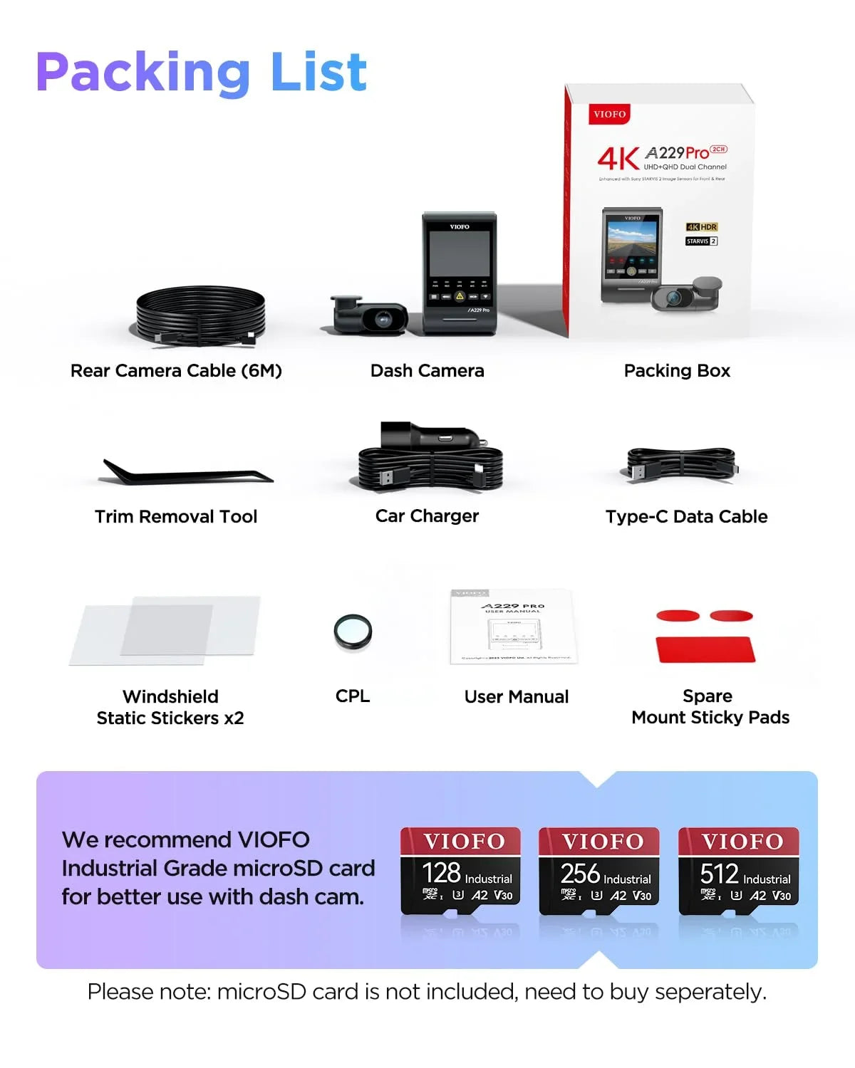 Dashcam VIOFO 2CH Front Camera 4K+2K 2 Car Pro GPS, with lb Rear 2 & STARVIS Dual IMX675 A229 IMX678