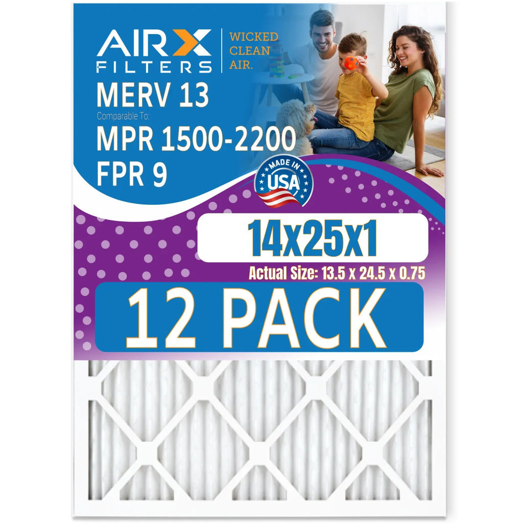 by in 2200 Air FPR MERV AIR. to 14x25x1 WICKED Comparable FILTERS Rating, Made - AIRX 12 - Furnace Filter 13 USA CLEAN Pack & 1500 9 of Filters MPR