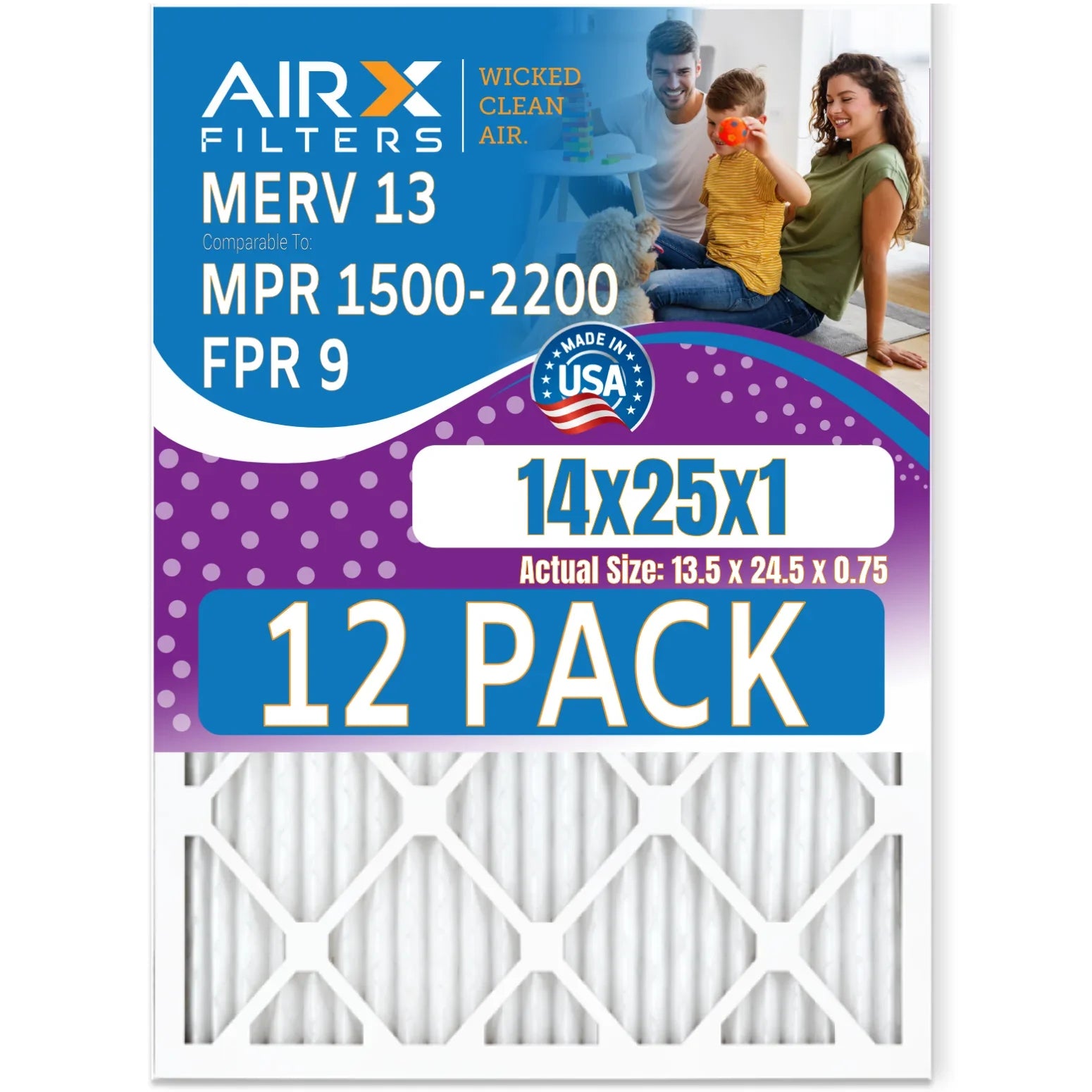 by in 2200 Air FPR MERV AIR. to 14x25x1 WICKED Comparable FILTERS Rating, Made - AIRX 12 - Furnace Filter 13 USA CLEAN Pack & 1500 9 of Filters MPR