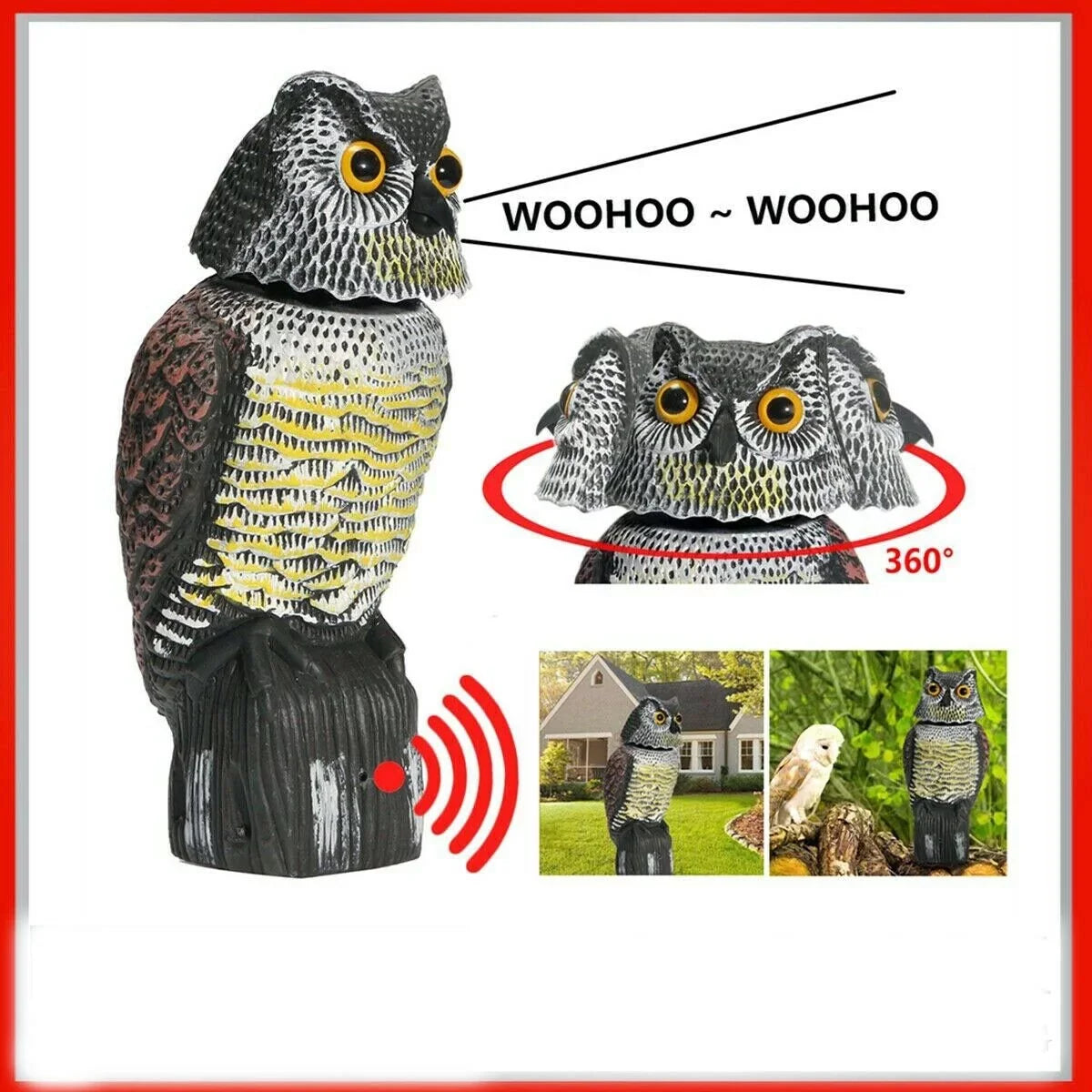 & Scarecrow for Decoy Owl Statue Deterrent Yard Protector 360 Bird Decoy Owl Patio Scary Sounds Garden Fake Realistic to Scare Head Pest Owl Rotate Shadow Birds, exterior