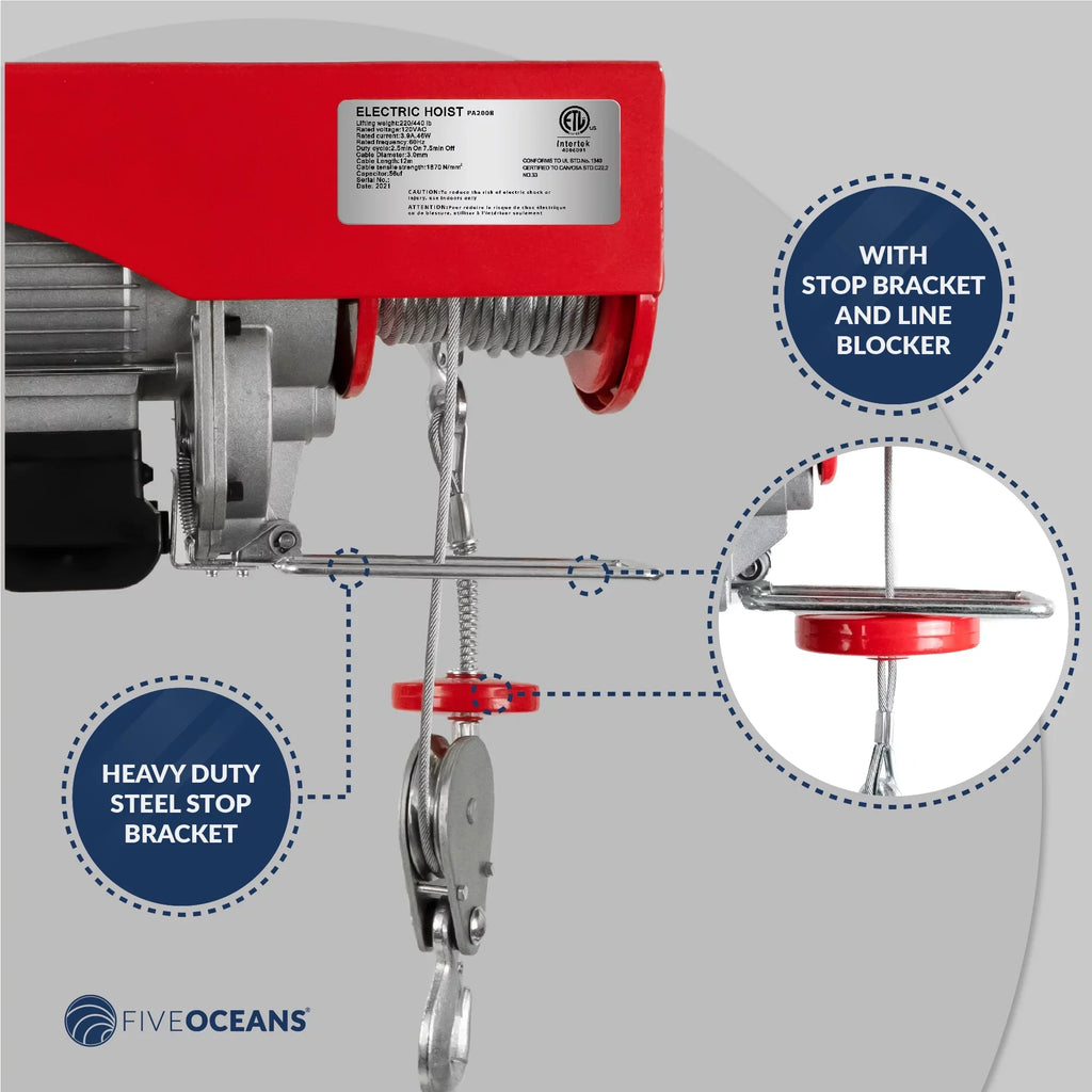 Hoist Hoist, 440 Five Winch Remote 120 System, Emergency Stop Lb Includes Electric 20FT Working Control Pulley V, for Gloves Garage, Factory Oceans FO3780-C1 Hoist, Lifting Pulley - Button Electric