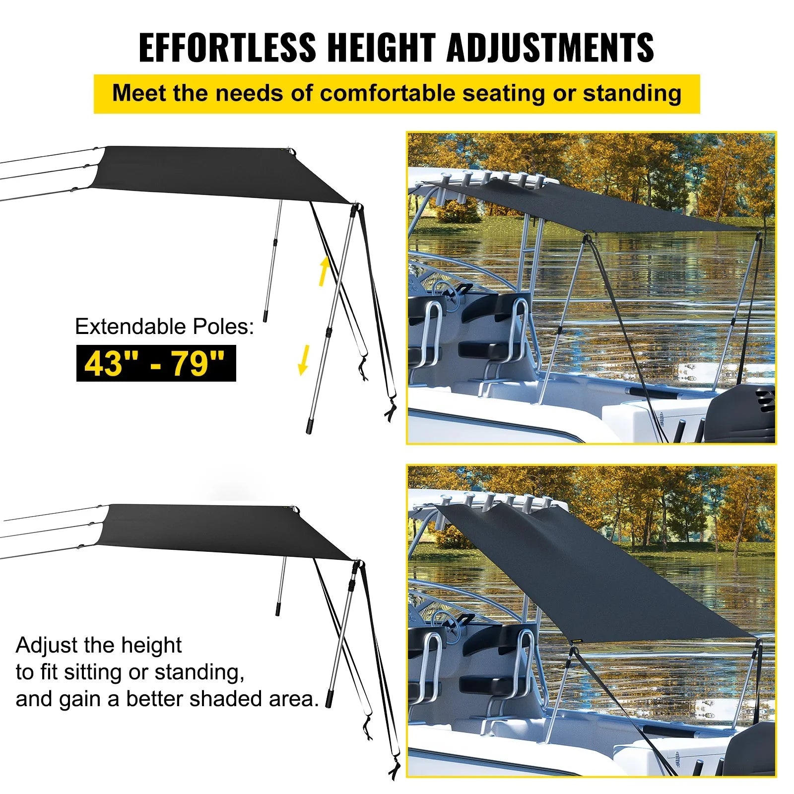 VEVOR - Steel Shade & Polyester Telescopic 600D Sun Poles, 5'x5' for Tops with T-Top Assembly Rustproof Bimini Kit UV-Proof Easy T-Tops Waterproof,