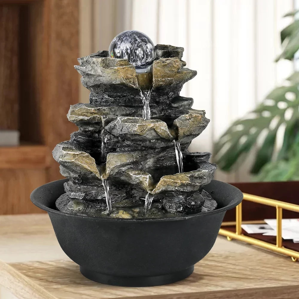 Tabletop liquid Lights and Fountain Cascading 4-Tier for Decor Rock Falls with Office High LED Home 8.3-inch