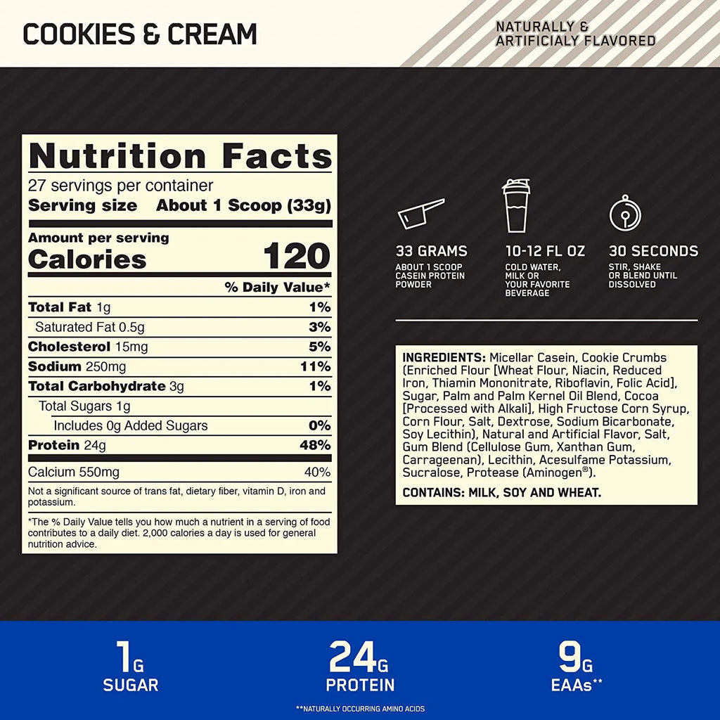 Protein Servings Standard g 24 Nutrition, Powder, 1.81 Casein, Optimum Gold Cream, & Cookies lbs, 27 100%