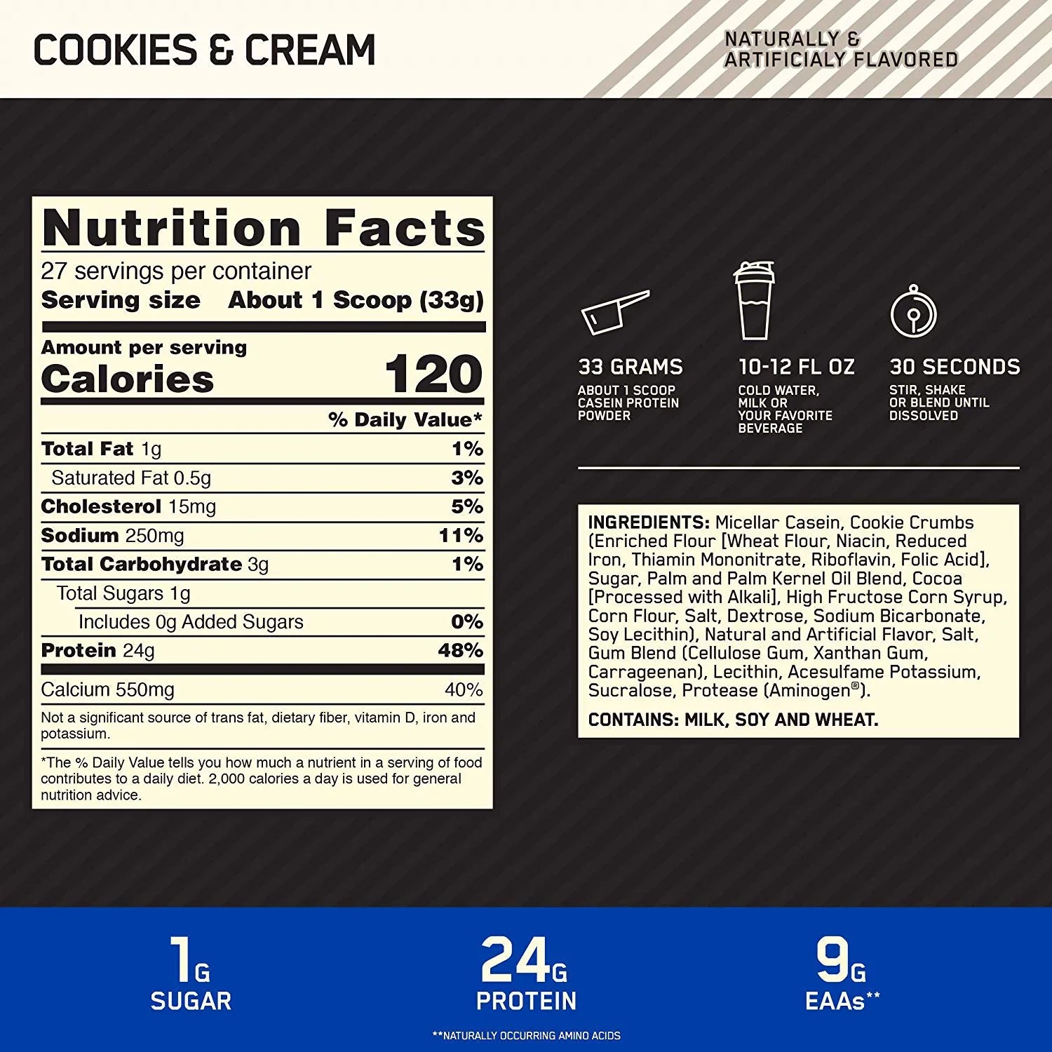Protein Servings Standard g 24 Nutrition, Powder, 1.81 Casein, Optimum Gold Cream, & Cookies lbs, 27 100%