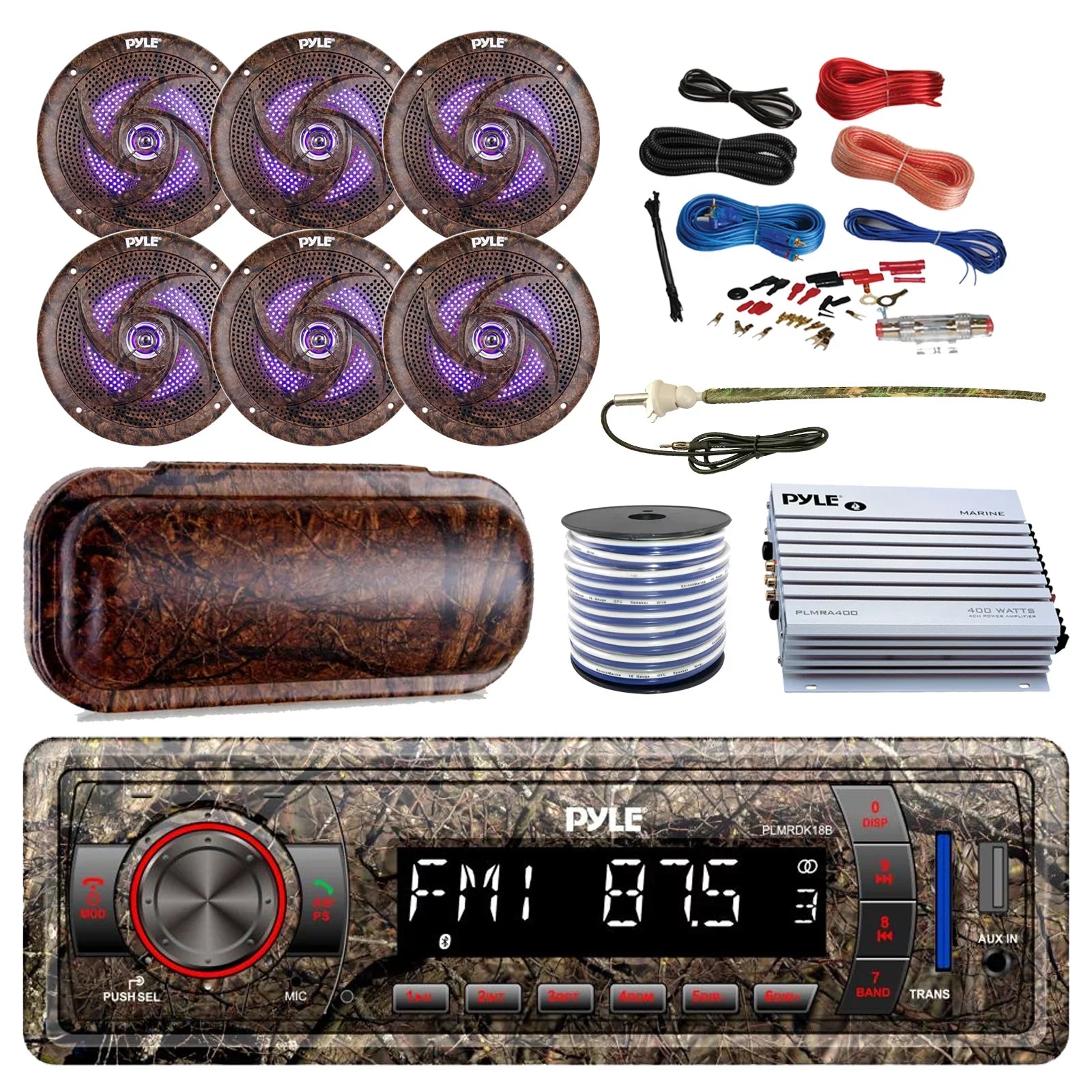 MP3 DIN 4-Channel 6.5" Amplifier, 18-G Bluetooth Camo Ft Speakers, Elite Wire, Kit LED Camouflage Install Stereo Radio, Amp Pyle Marine Cover, USB Waterproof AUX Enrock Antenna, 50 Series AM/FM 6x
