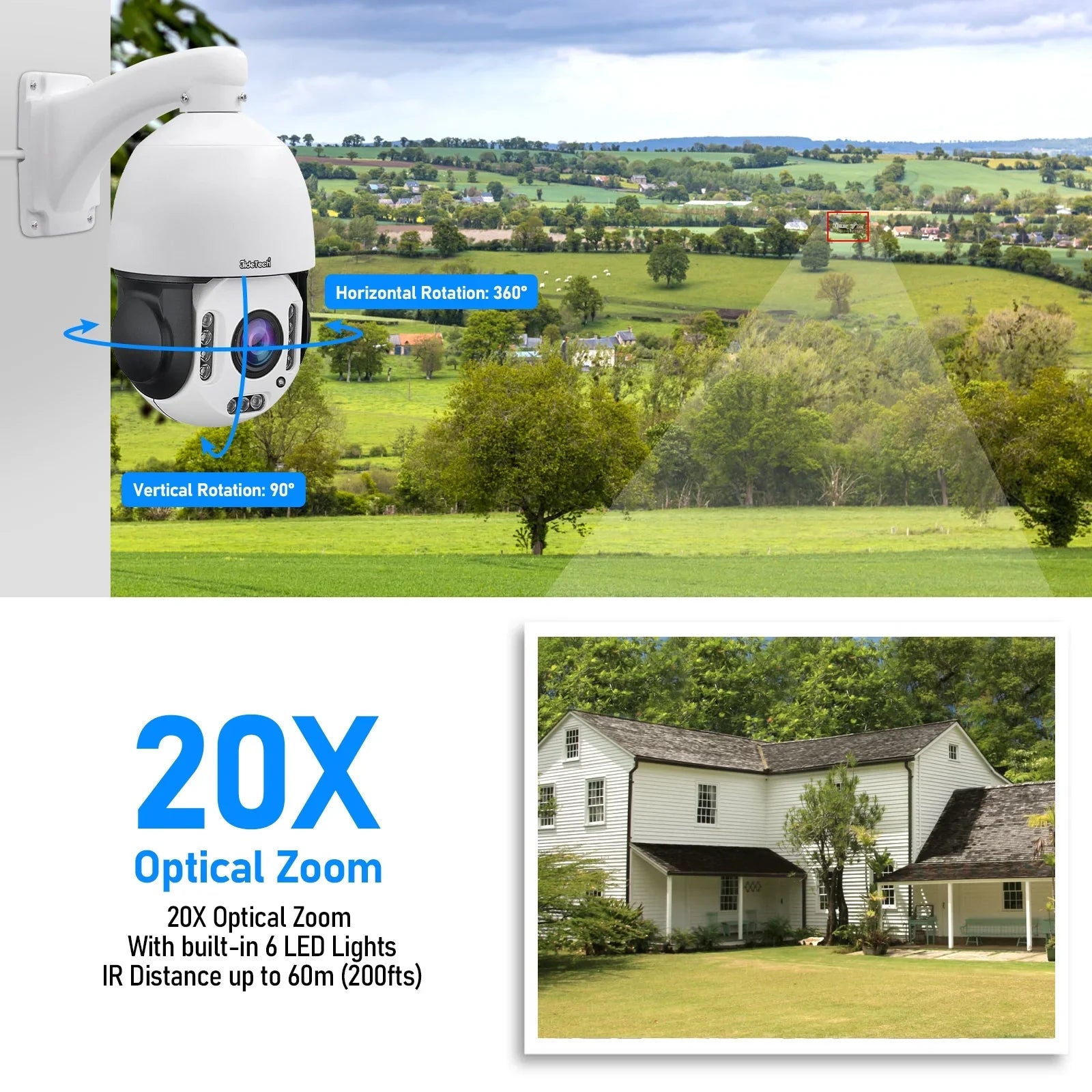 IR Night with and Optical Auto 20X Way Camera PoE JideTech Lights Camera PTZ Rotate Detection Tracking/11 360° Distance/Human Zoom View Waterproof Audio/IP66 Vision/Two exterior,5MP IP 1000ft &