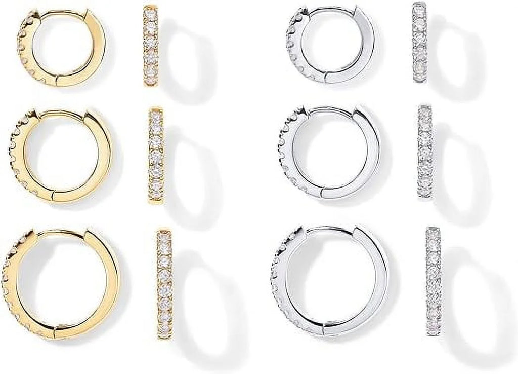 Mini Men Hoop Pairs Post, Pack 925 White Cartilage Gold Women Small 18K Hoop Helix 8mm Sterling 10mm Plated and 12mm Yellow Silver Pack for 6 Set Huggie PAVOI Earrings | Gold